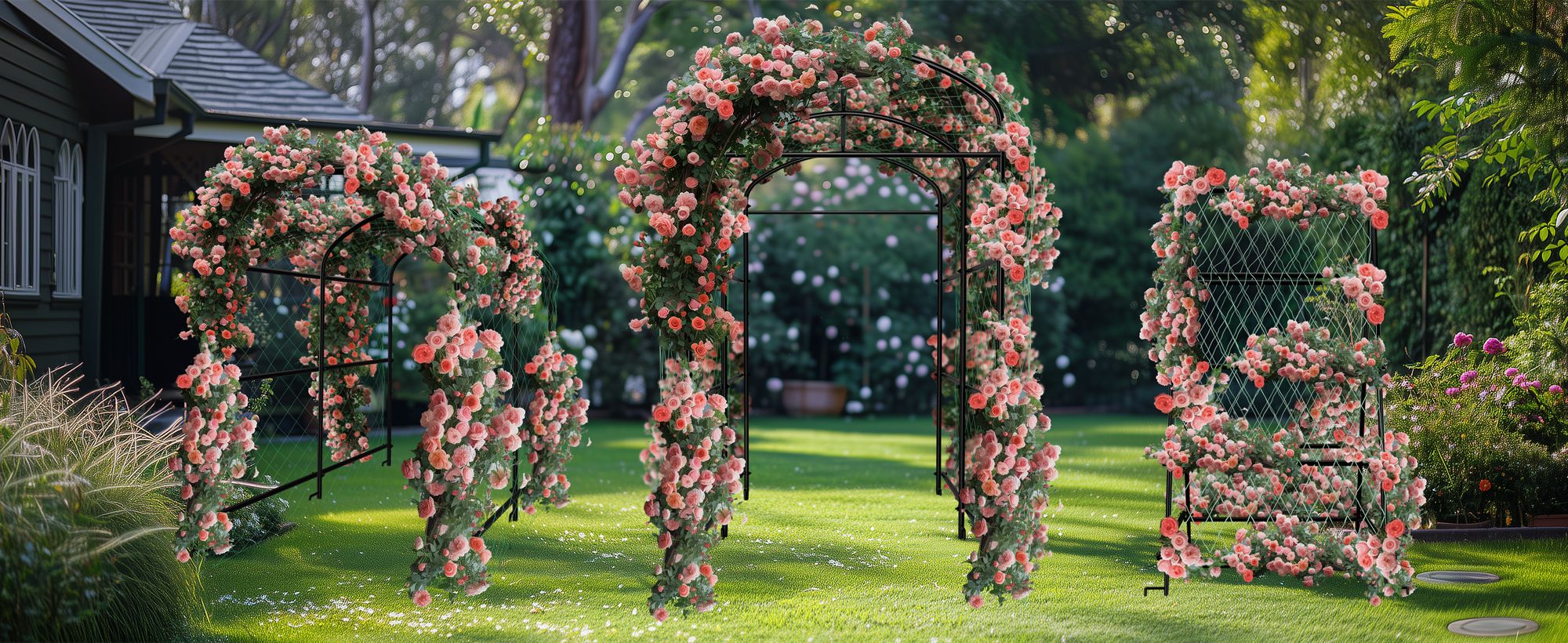 WISFOR Rankgitter Metall, Große Gartenbogen für Kletterpflanzen, Gurke Rankhilfen Spalier für Kletterpflanzen mit Nylonnetz, Erdspießen, 105x162x160cm