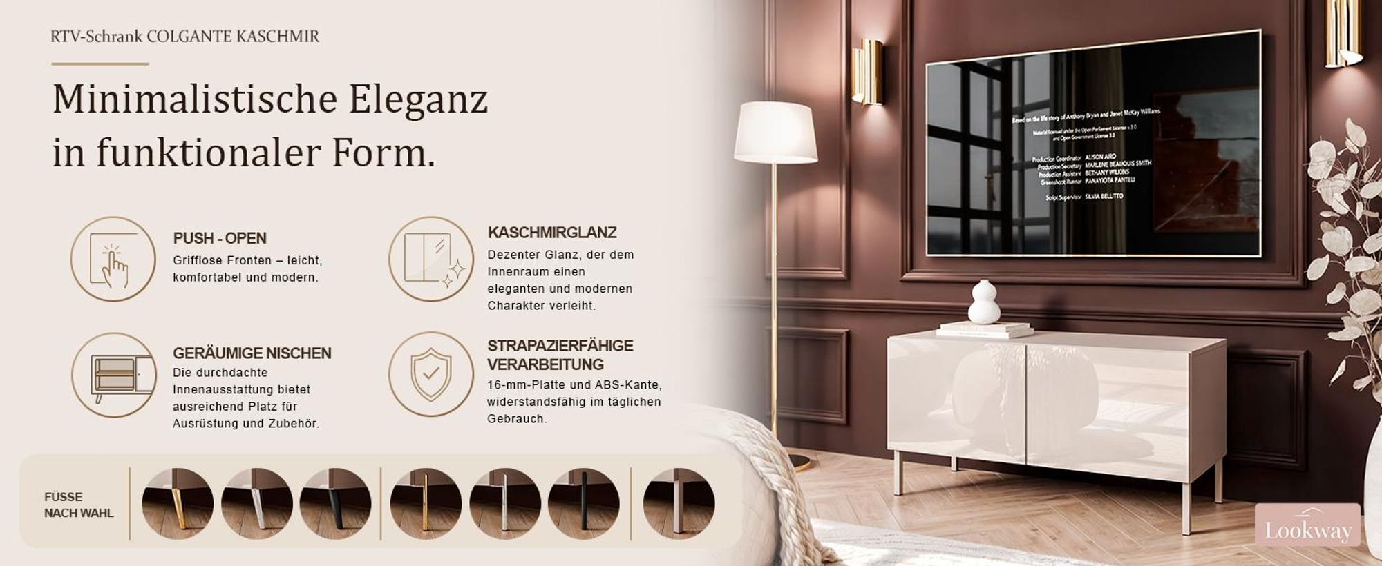 TV-Schrank COLGANTE 100 Kaschmir Hochglanz auf geraden kaschmirfarbenen Beinen