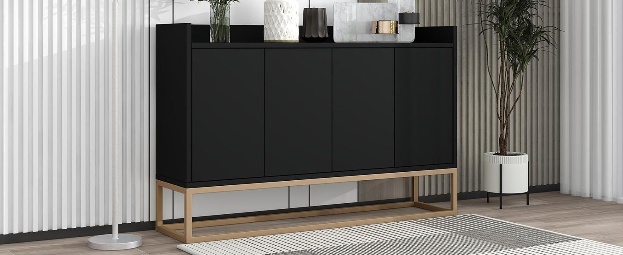 Schöne moderne Kommode mit 4-Türiger 120 cm Sideboard Schrank für Esszimmer, Wohnzimmer, Küche - Schwarz