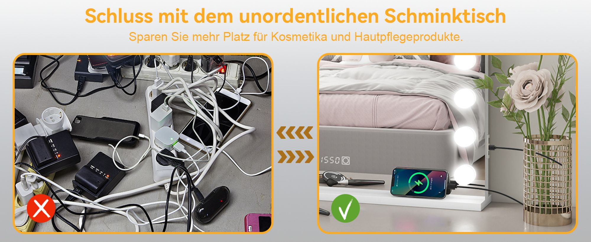 Puluomis Kosmetikspiegel 80x60 cm, Hollywood Spiegel mit Uhr, Temp., USB, Type C, Schminkspiegel dimmbar mit 3 Farben LED Beleuchtung, Wandspiegel