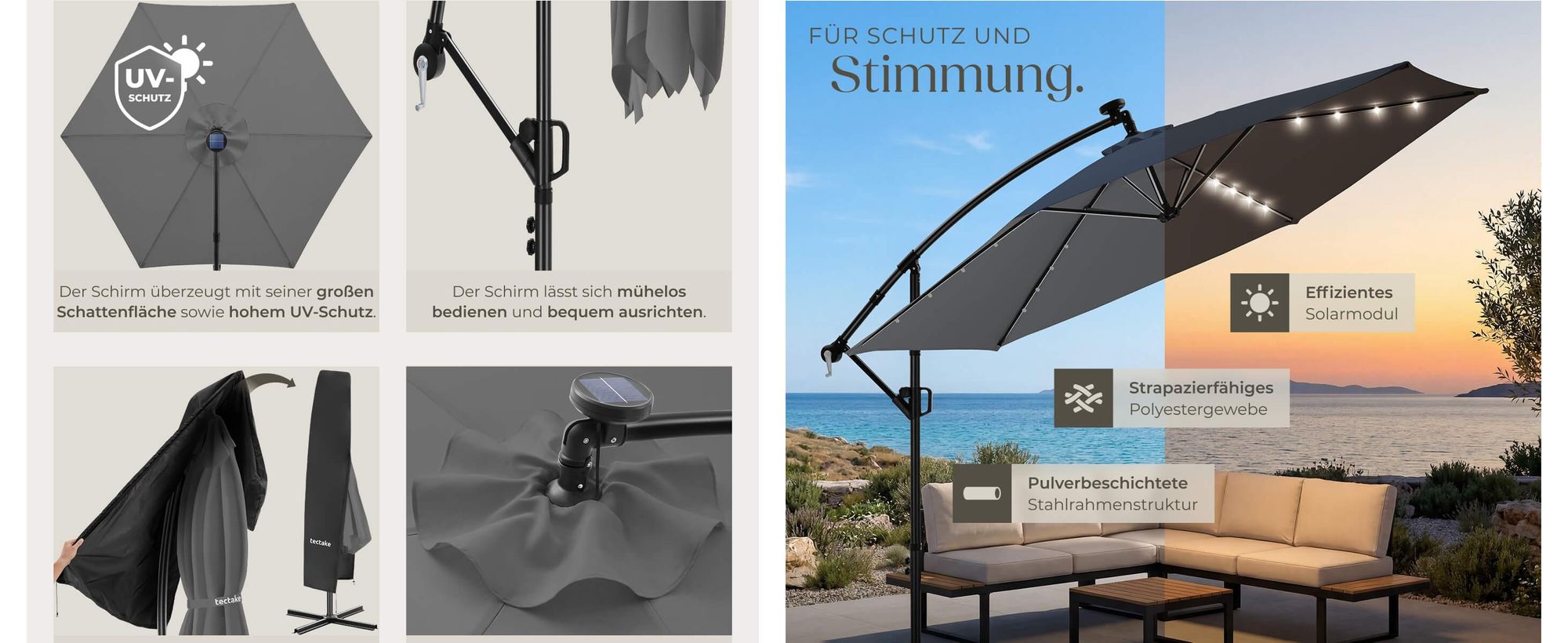 tectake® Ampelschirm Artemis 3,5 x 3,5 m, 360° drehbar mit Doppeldach