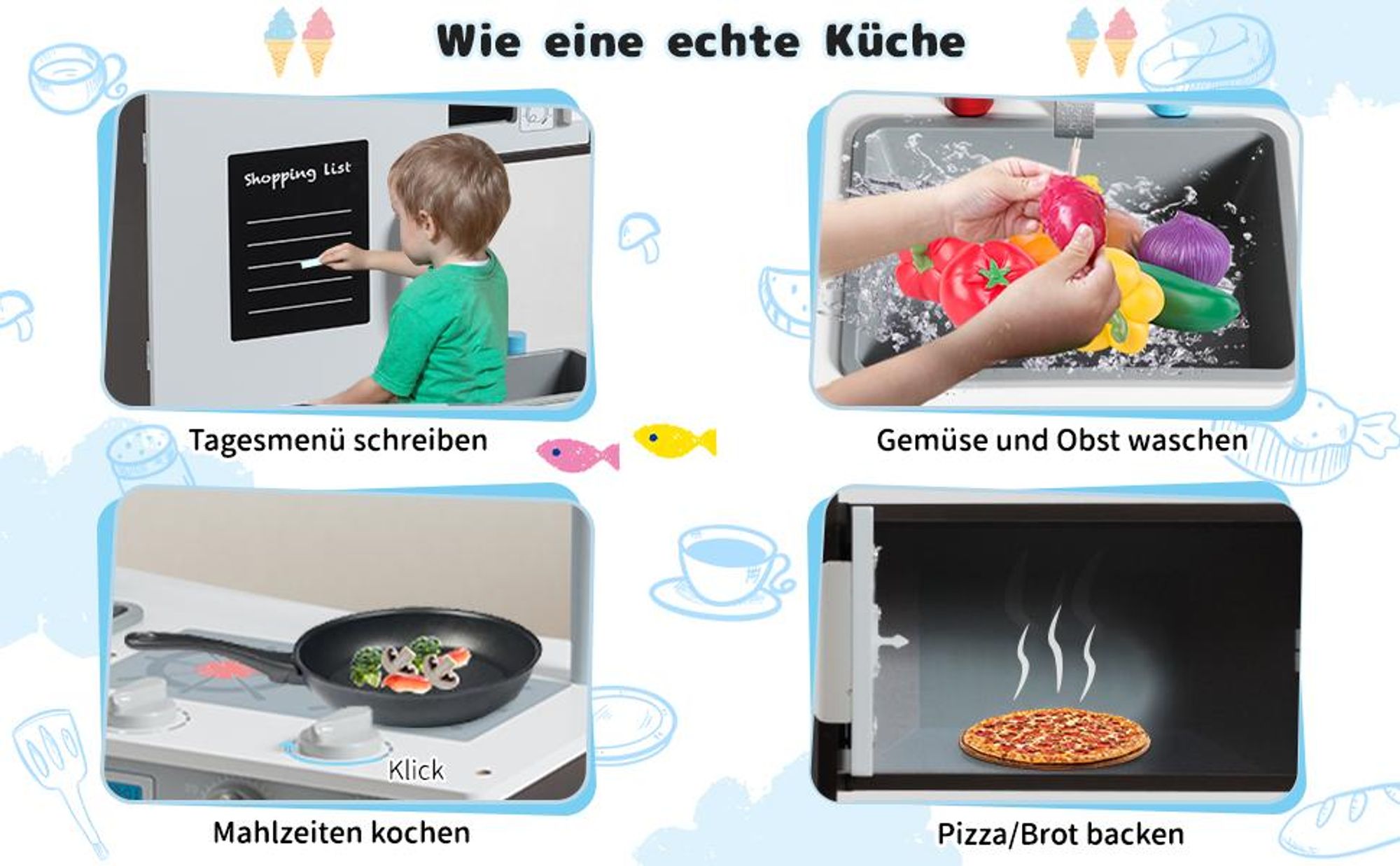 COSTWAY Kinderküche, Spielküche mit Tafel, Spüle, Wasserhahn, Klickgeräuschen, Herd, Backofen & Mikrowelle, Spielzeugküche für Kinder ab 3 Jahren
