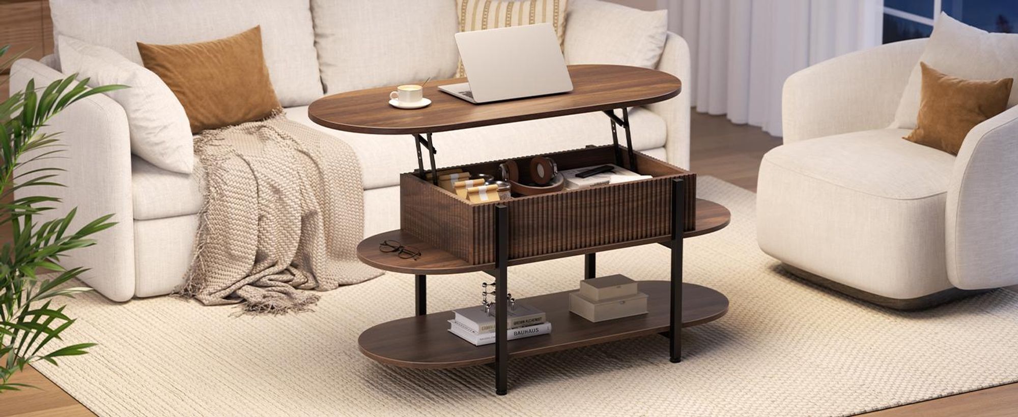 FABATO höhenverstellbare Konstruktion, dreistöckiges Design, versteckter Stauraum und edle Nussbaum-Optik,Moderner ovaler Couchtisch von