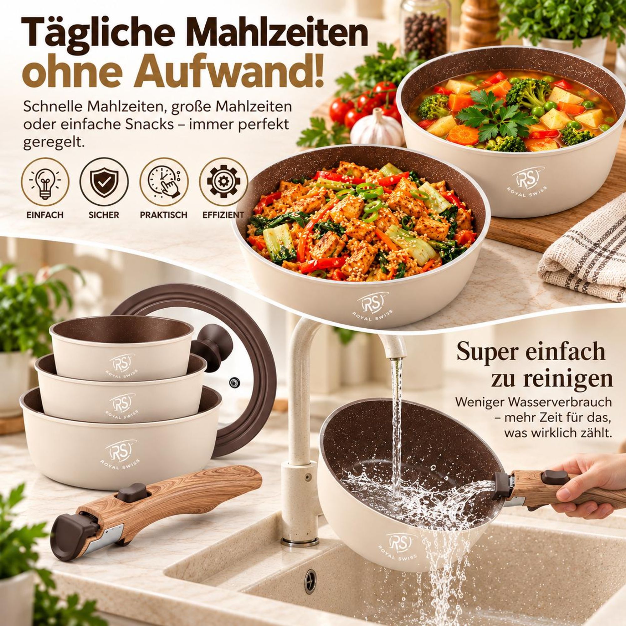 Topfset 6-teilig mit abnehmbaren Griffen Edelstahl Induktion Royal Swiss