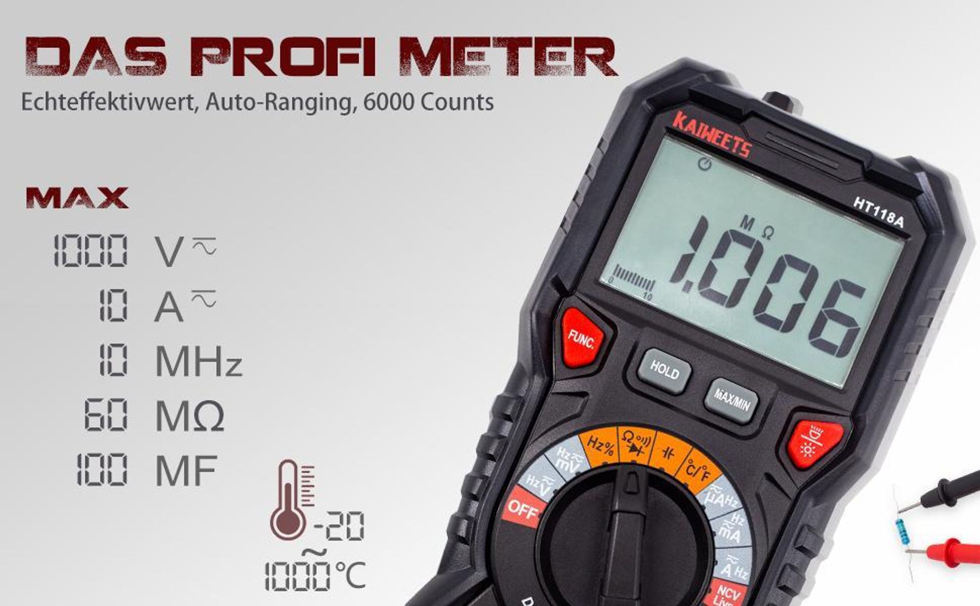 KAIWEETS Digital-Multimeter HT118A – True RMS, Auto-Ranging, 6000 Counts, mit LED-Buchsen & Temperaturmessung