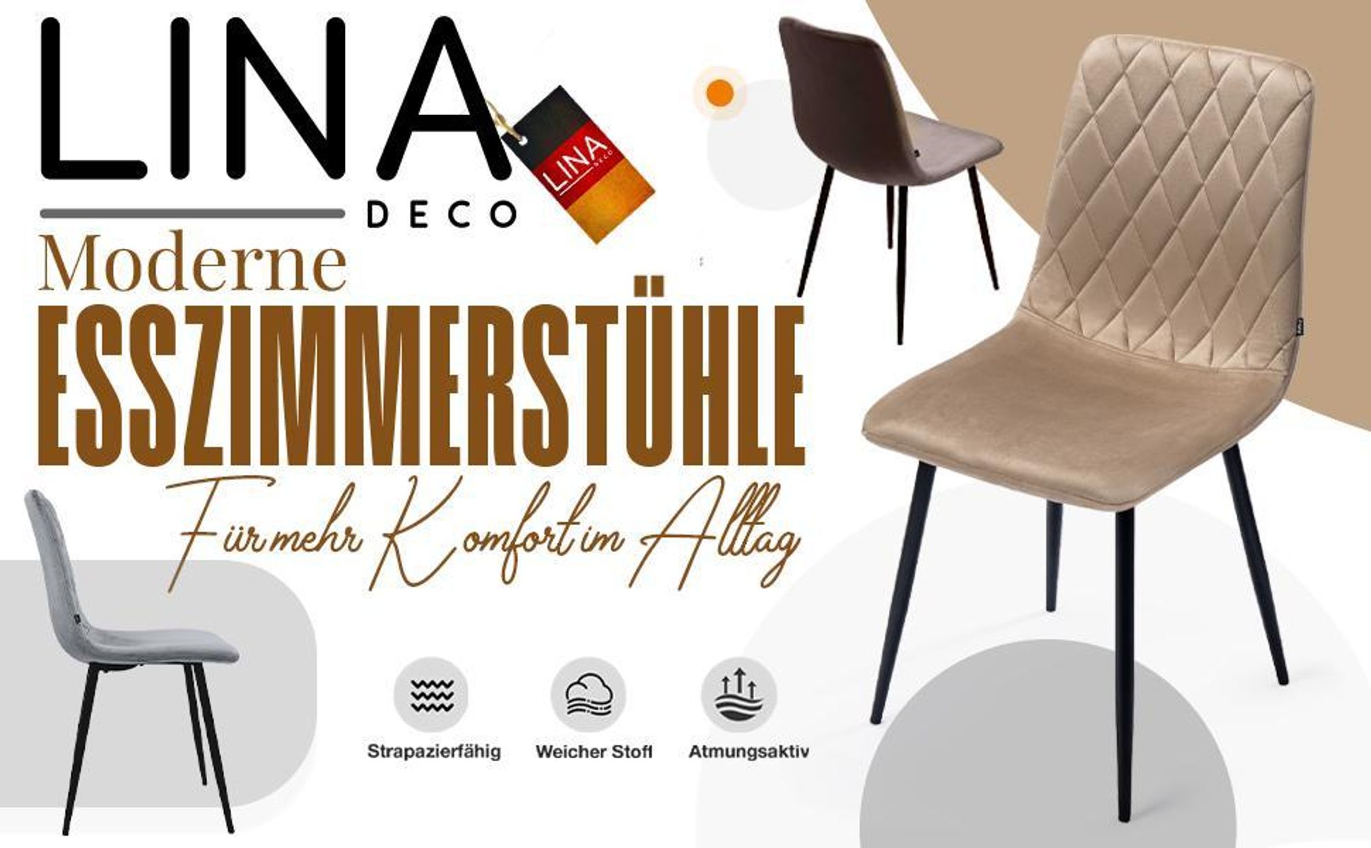 Lina® Elisia Esszimmerstuhl im modernen Design - Samt - Bequemer Stuhl für Ihr Esszimmer, hochwertiger Stoff, ergonomische Form - 2er Set - Beige