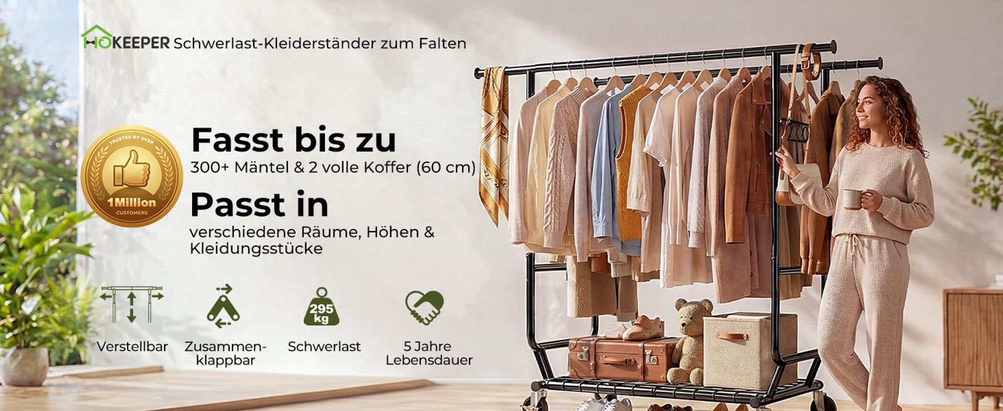 HOKEEPER Schwerlast Kleiderständer auf Rollen, Doppelter Kleiderstange,bis 283 kg belastbar (D002K)