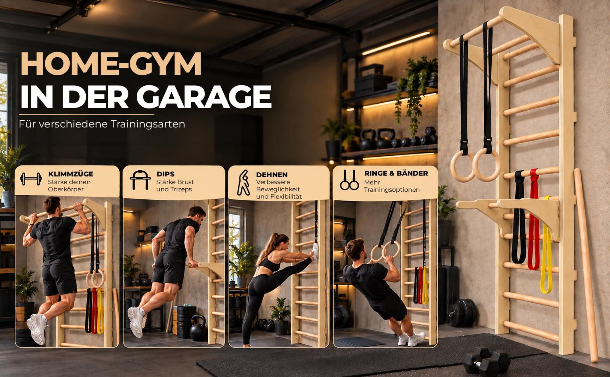 MAMOI® Fitness-Sprossenwand mit Klimmgriff, Ringo, Dip-Barren, Widerstandsbändern und Dehnstab; Ganzkörpertraining zu Hause
