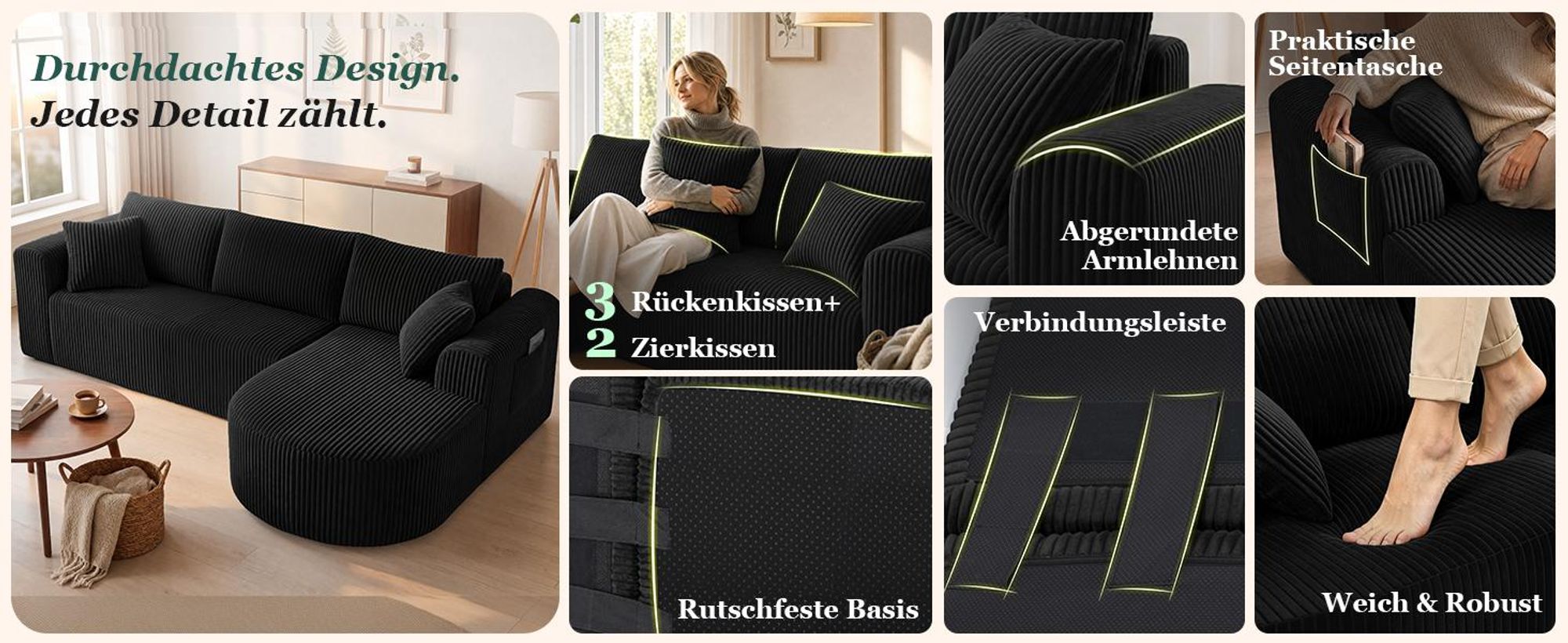 COMHOMA Ecksofa mit Schlaffunktion, 263cm Corduroy Modulares Boneless Couch mit Chaiselongue, L-Form Schlafsofa, Sektionssofas mit Kissen & Seitentasc