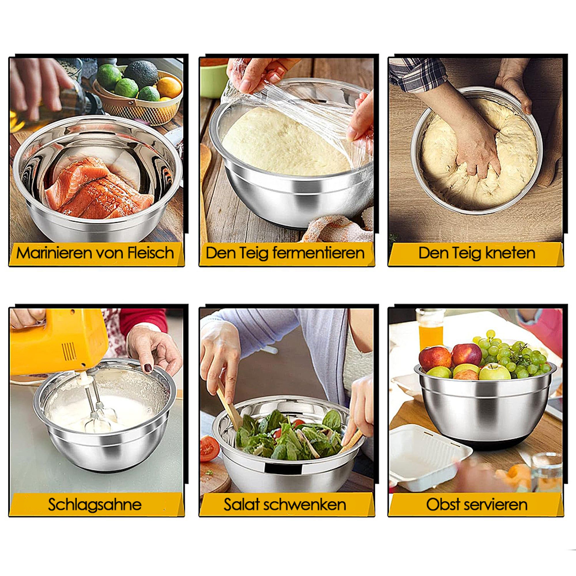 4er Set Küchenschüsseln Salatschüssel Schüssel mit Deckel Silikon Edelstahl Rühr Salat Servier Teig Schalen Set