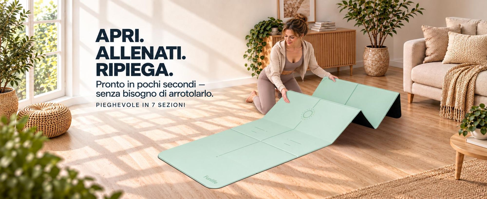 Tappetino da yoga pieghevole FunLife, dimensioni XXL 190x66 cm, spessore 10 mm, antiscivolo, ideale per yoga, pilates, allenamento a casa e attività all'aperto