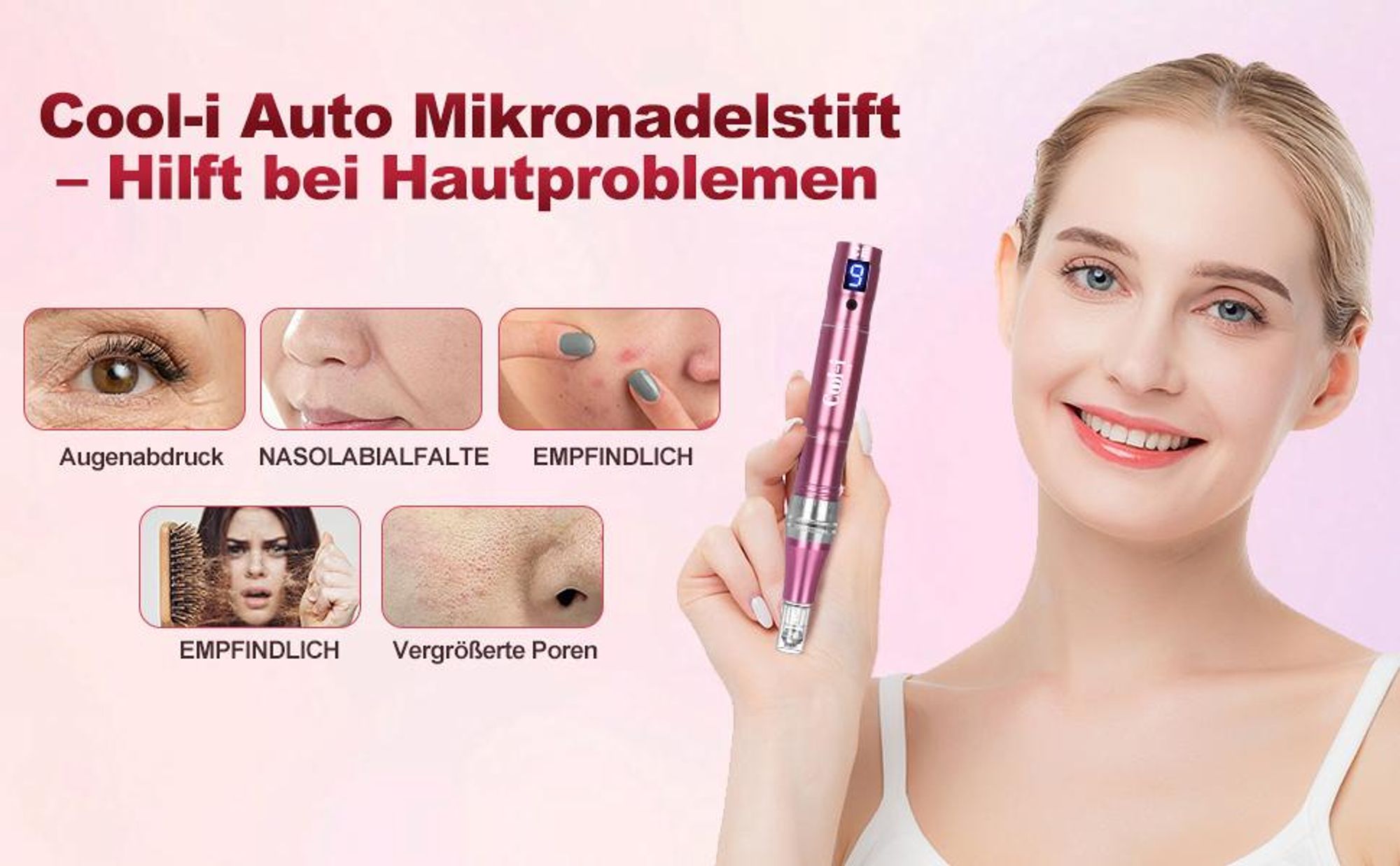 Cool-i® Mikromassage-Hautpflegegerät mit 7 LED-Farben, 9 Stufen, LCD & 12 Aufsätzen – Für kosmetische Gesichtspflege und ebenmäßigen Teint, Modell:V2