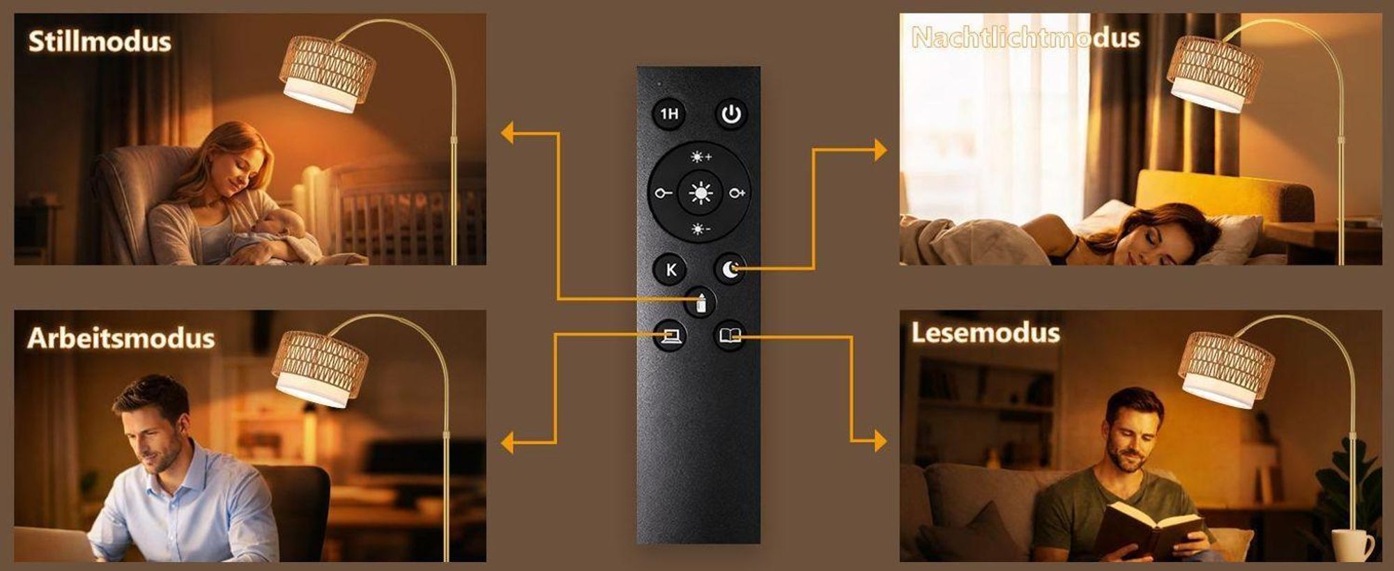 ZMH Lámpara de pie arco estilo boho ratán dorado regulable con mando a distancia E27 350° giratoria lámpara lectura salón dormitorio oficina estudio