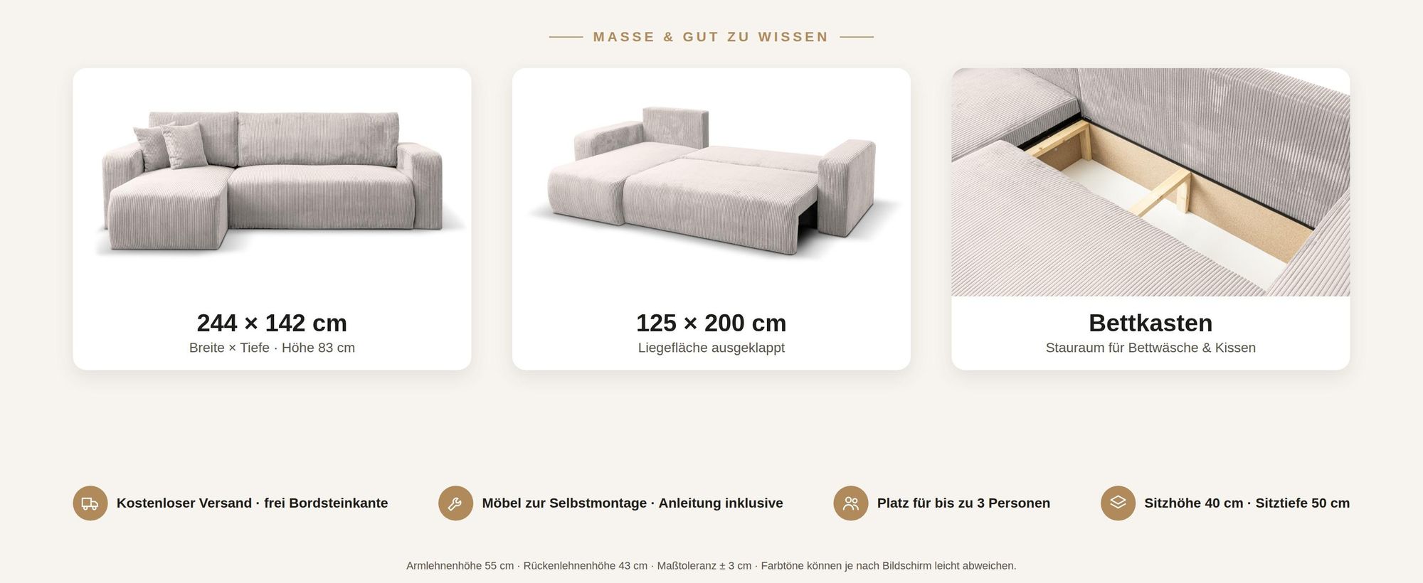 VENASI Ecksofa mit Schlaffunktion Luna L, Schwarz Cordstoff