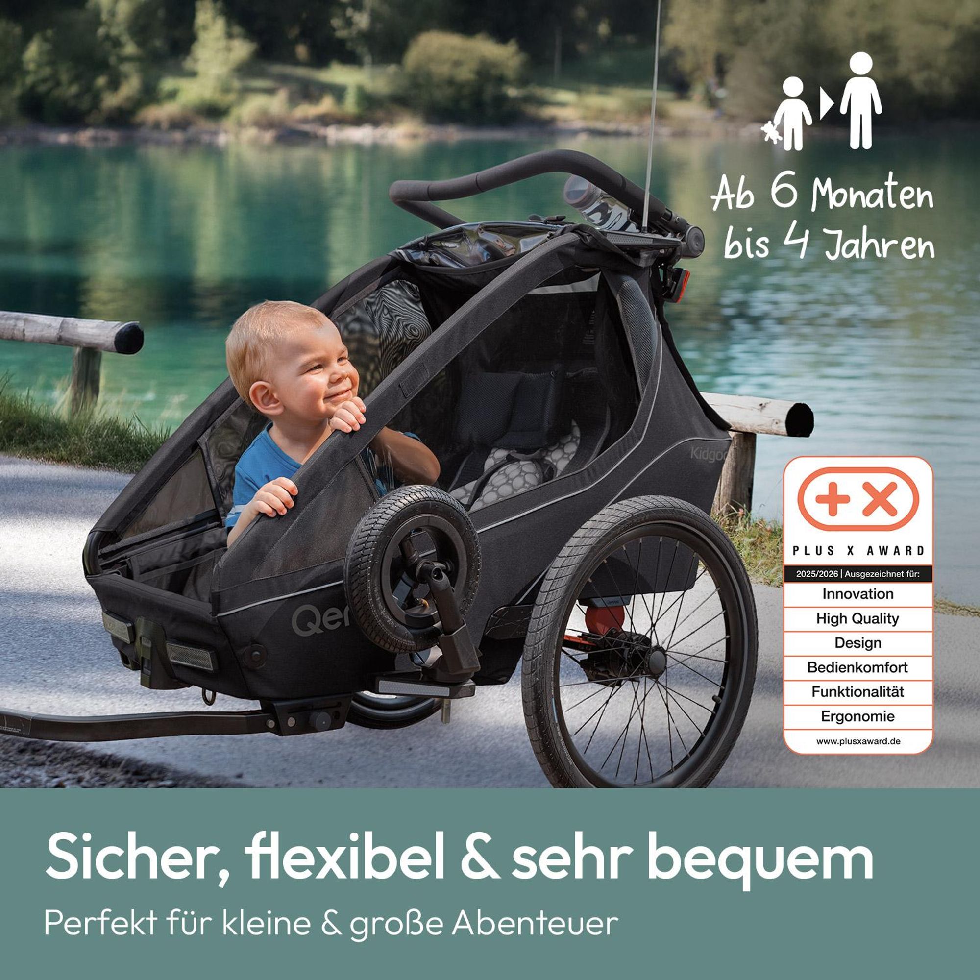 Qeridoo Kidgoo 1 - Kinderfahrradanhänger für 1 Kind, Farbe: Phantom Grey