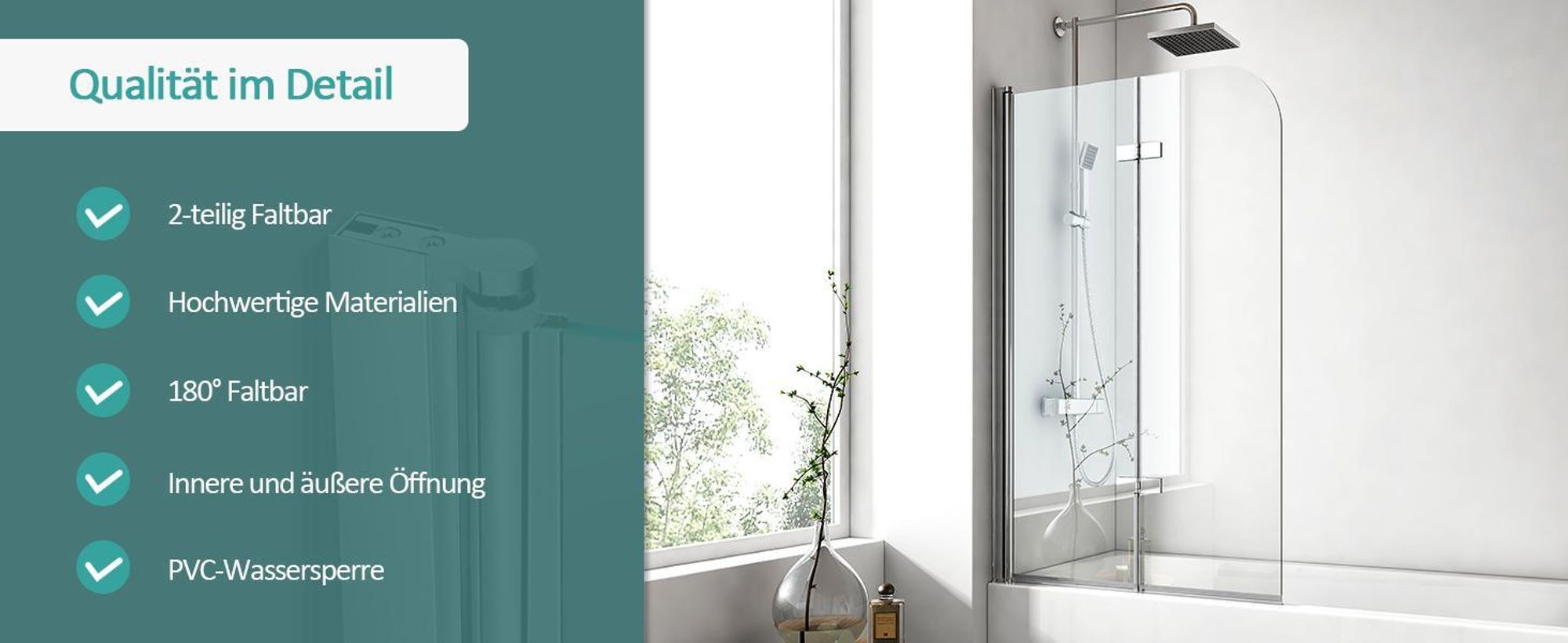 EMKE Duschabtrennung Faltwand 110 x 140cm Nanobeschichtungen ESG Sicherheitsglas Doppelt Falttür Duschwand Glas für Badewannen