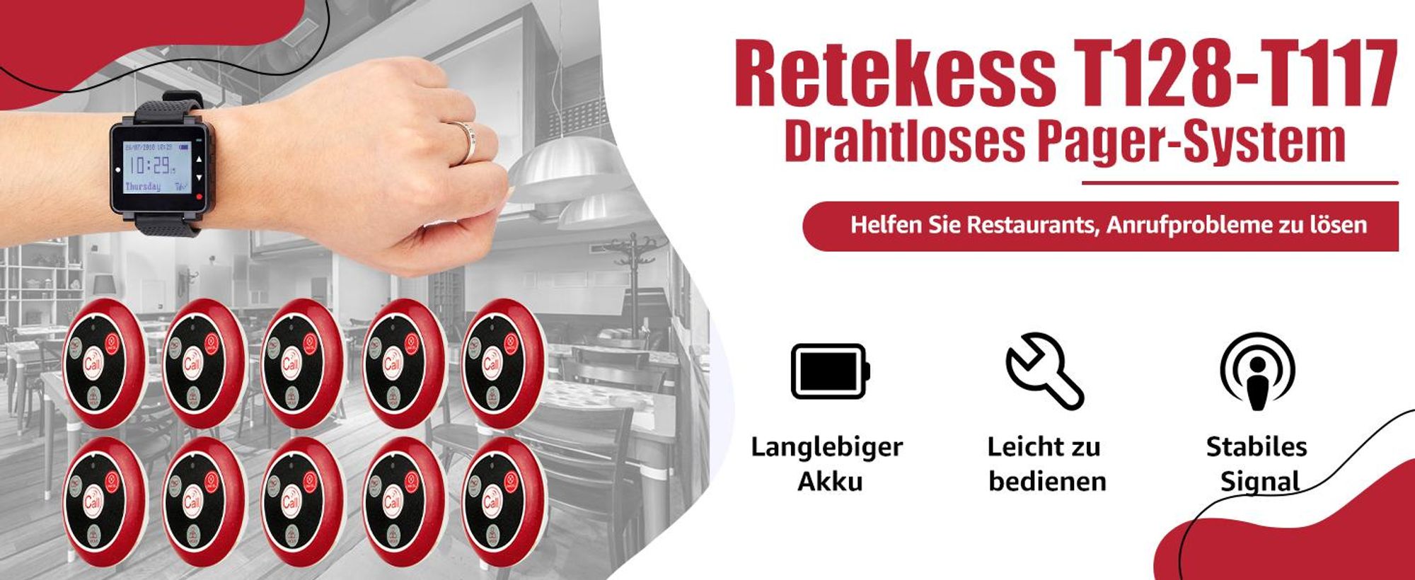 Retekess T128-T117 Restaurant Pager, Pager System mit DREI Erinnerungsmodi, 2 Uhrenempfänger und 20 Kundenanruftasten für Bar, Hotel, Klinik