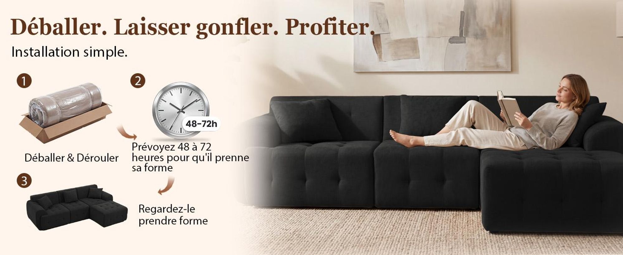 Canapé d'angle COMHOMA, 245 x 60 x 40 cm, canapé modulable avec fonction couchage, canapé-lit, canapé en L pour le salon, emballé sous vide, combinable à volonté