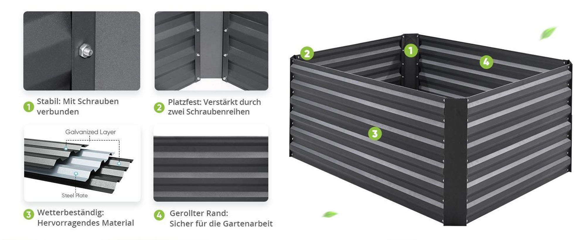 Quictent Hochbeet Metall 120 x 90 x 56cm, Kräuterbeet ohne Boden für Garten, Gemüsebeet Pflanzkasten Frühbeet mit Tomatenkäfigen, Grau