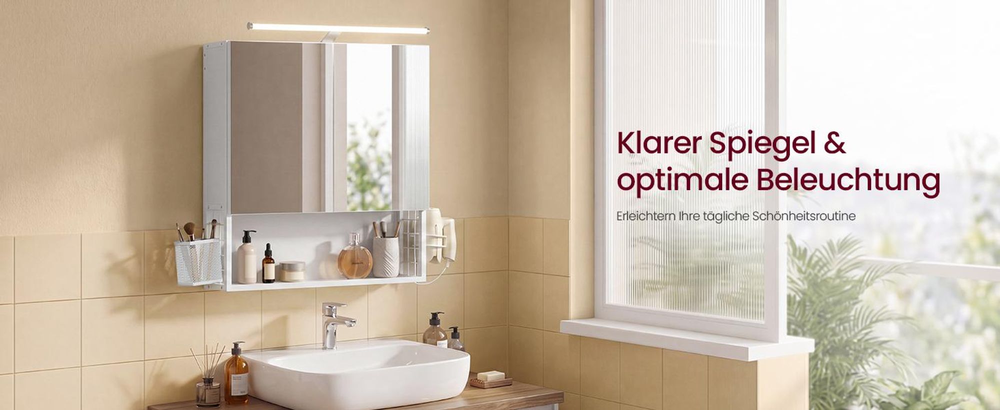 VASAGLE Hängeschrank Badezimmer mit Spiegel, 2 Türen, LED-Beleuchtung, Steckdose, Wandmontage, 13 x 56 x 58 cm, weiß