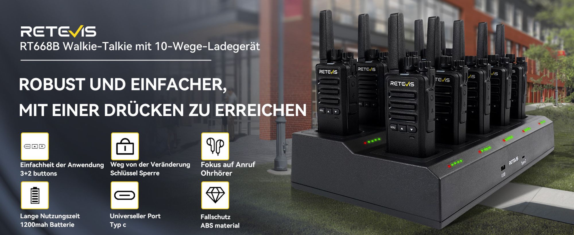Retevis RT668B Funkgeräte für Erwachsene, Wiederaufladbare Walkie Talkie mit Kopfhörern, mit 10-Wege-Ladegerät, Notfallalarm, für Schule, Restaurant