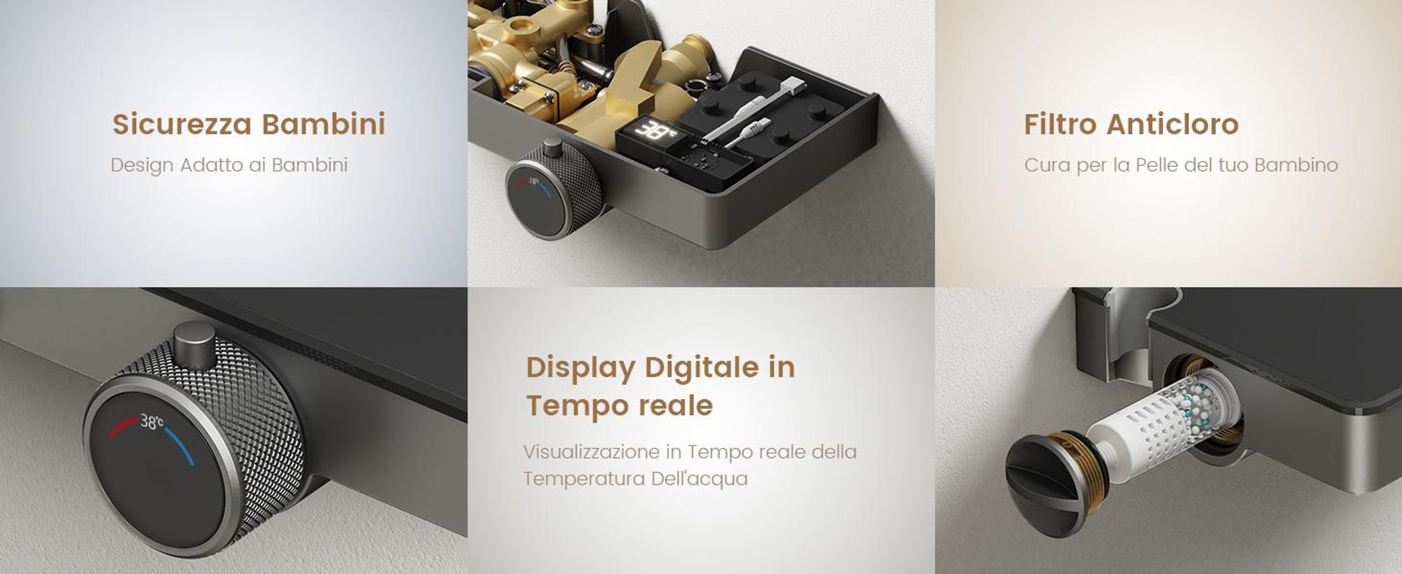 Sistema doccia EMKE® con termostato Antracite opaco con doccia per bambini, display digitale e filtro per il cloro 4 uscite Colonna doccia per famiglie F23
