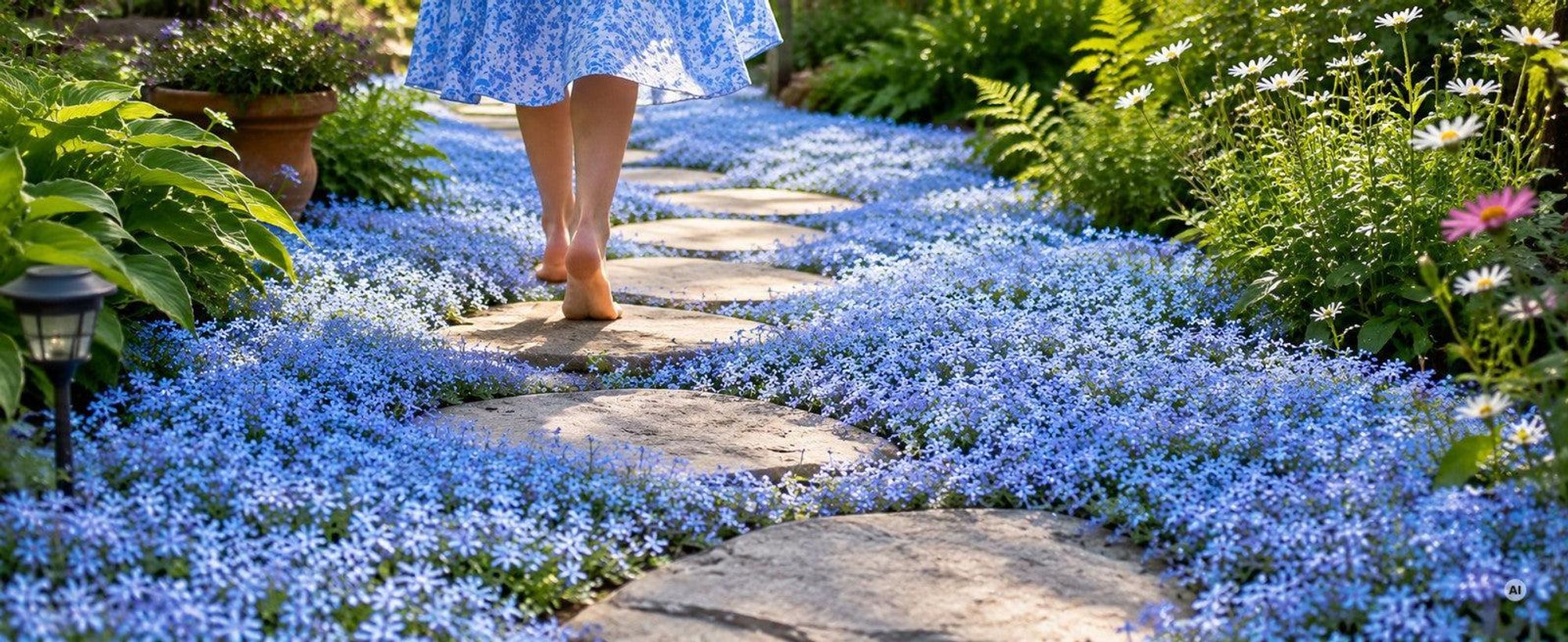 Blauer Bubikopf Isotoma blüht himmelblau zwischen Trittsteinen am Gartenweg