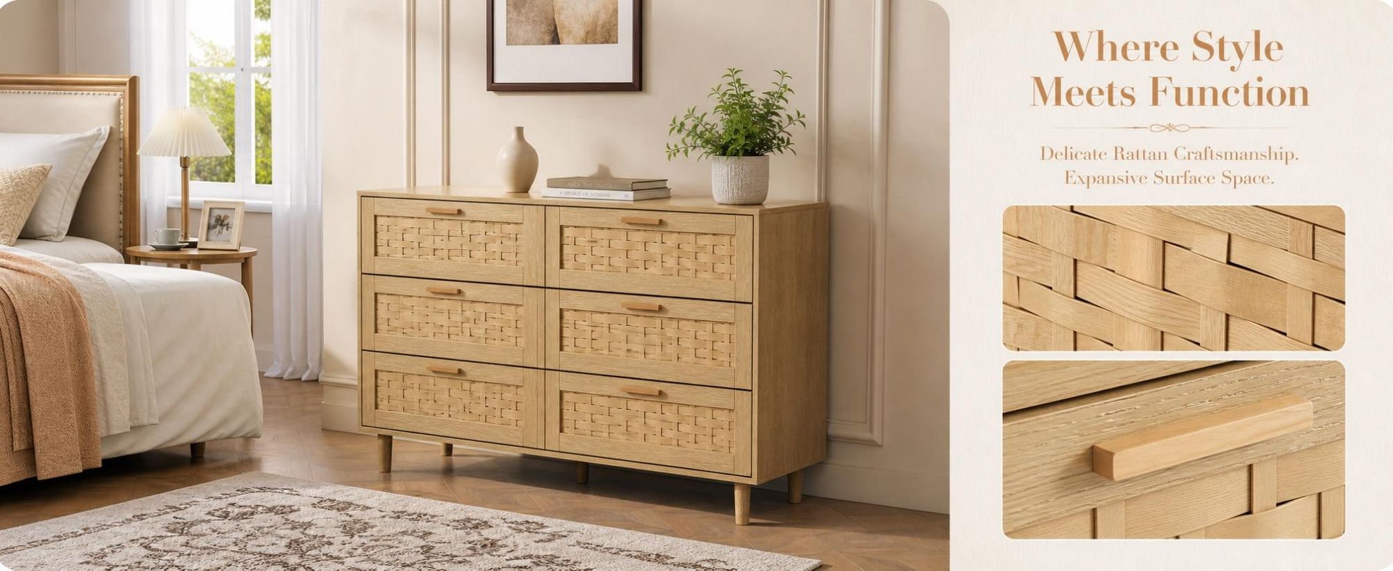 INONEFT Kommode mit Rattan Geflecht 6 Schubladen, Sideboard, Komode, Schubladenschrank, Vorratsschrank, Naturholzfarbe,Eiche H80cm B115cm T40cm