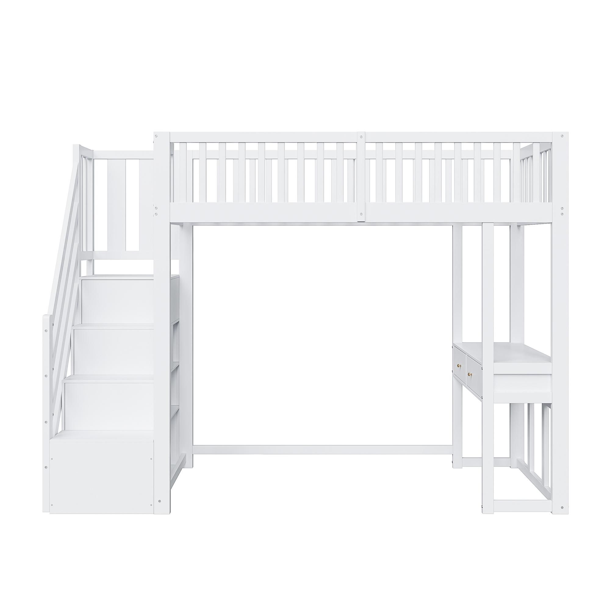 Flieks Etagenbett 90x200cm mit Rausfallschutz, Hochbett mit Schreibtisch, Kinderbett Einzelbett Holzbett mit Schubladen, Stockbett mit Treppe, Weiß