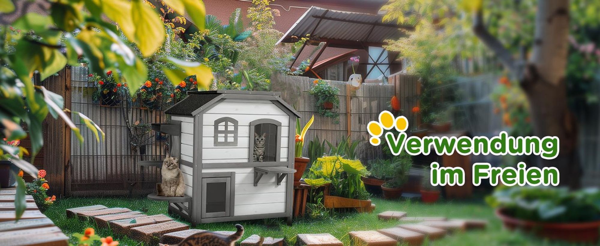 PawHut Katzenhaus aus Holz, Outdoor Katzenhütte mit Treppe, 2-Etagen, Kleintierhaus für Katzen bis 4,5 kg, Weiß, 99,5 x 76 x 91 cm