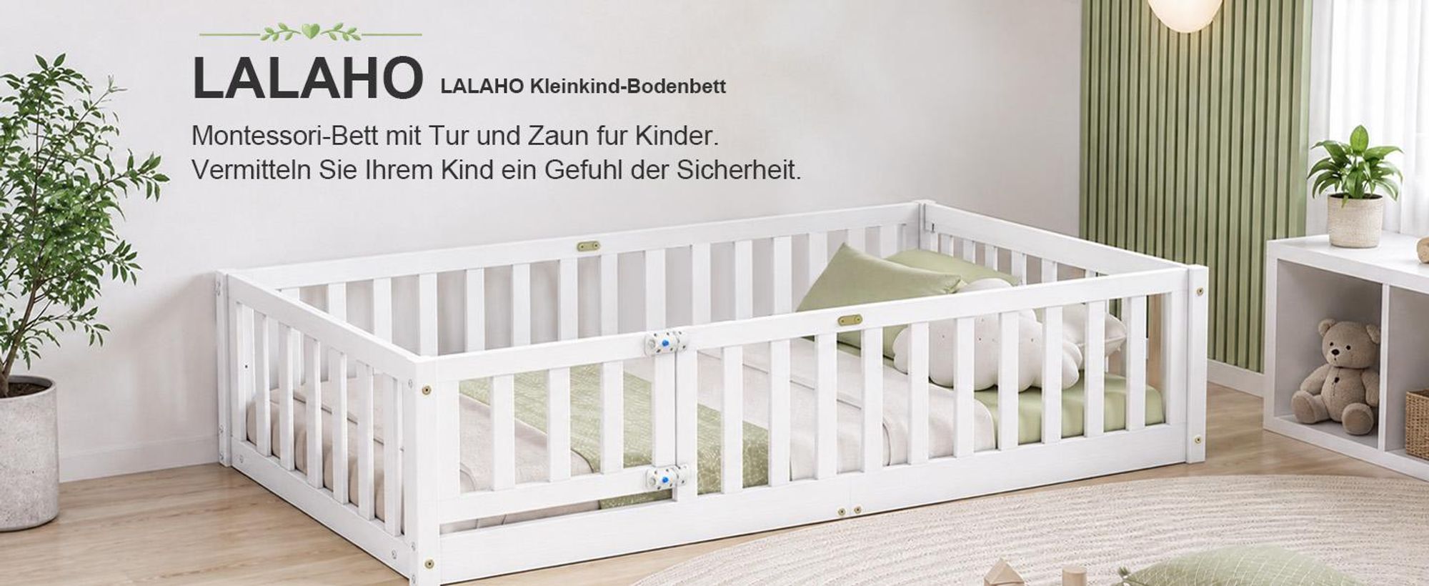 FCH Kinderbett mit Rausfallschutz & Lattenrost, 80x160cm, Montessori Bodenbett mit seitlichem Ausstieg, Einzelbett für Jugendzimmer, Weiß