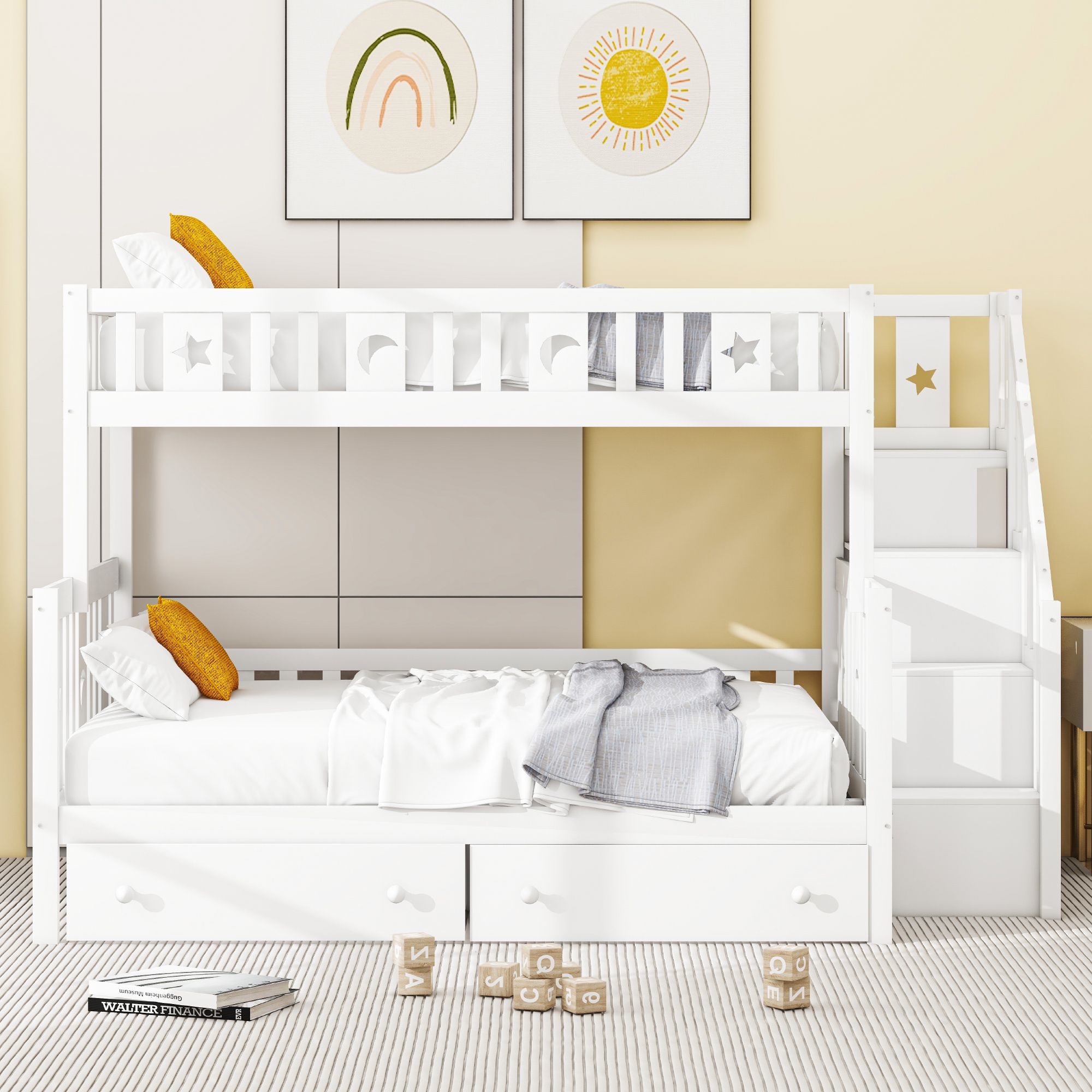 Merax Etagenbett 90x200/140x200cm mit 2 Schubladen und Treppe, Kinderbett mit Rausfallschutz und Lagerregal, Kieferholzbett Stockbett Hausbett Jugendbett, Weiß