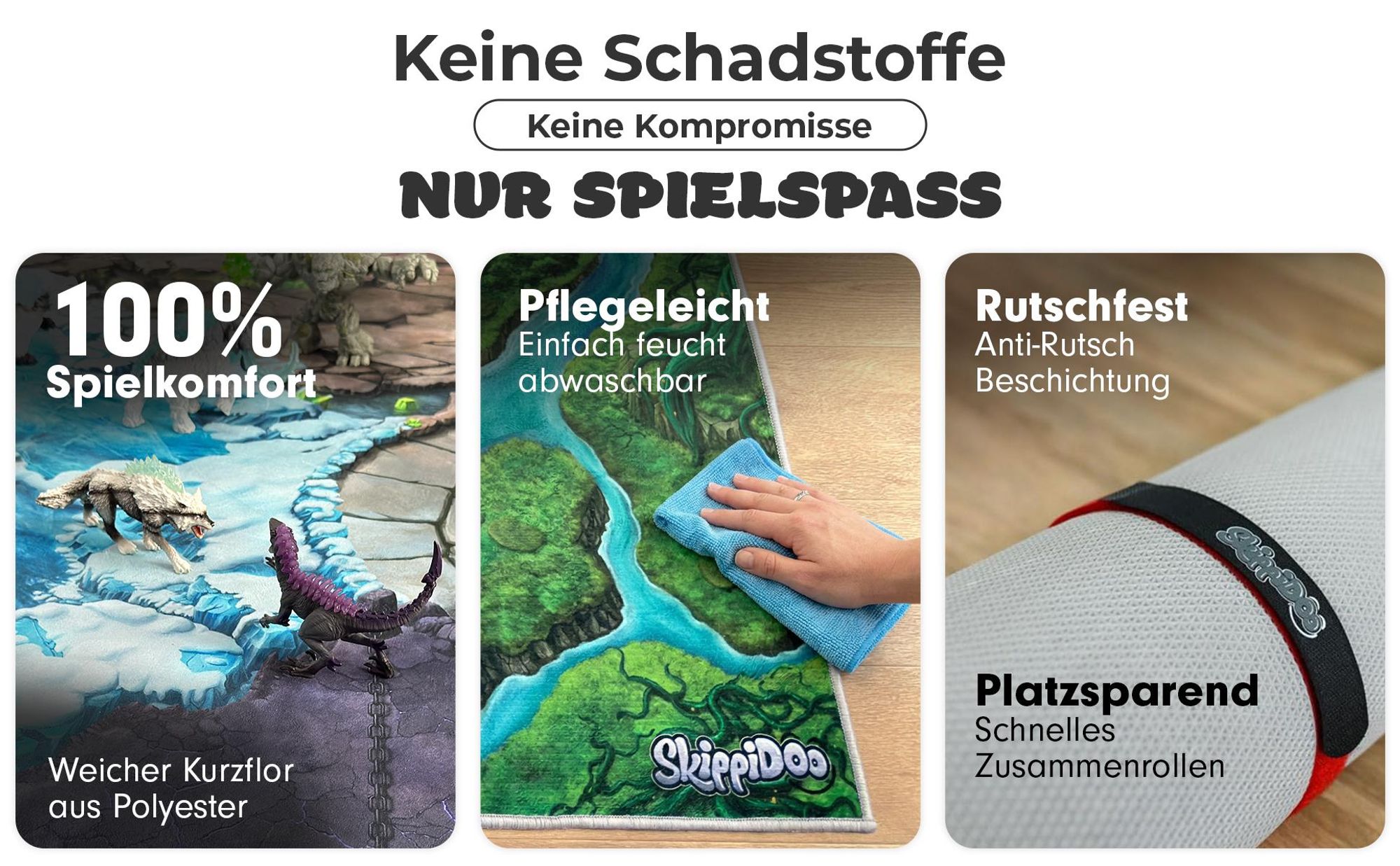SkippiDoo Spielteppich Fantasy 120x120cm – 5 Welten mit Battle Arena – Lava, Eis, Dschungel, Stein und Schatte – rutschfest für z.B. Eldrador® passend