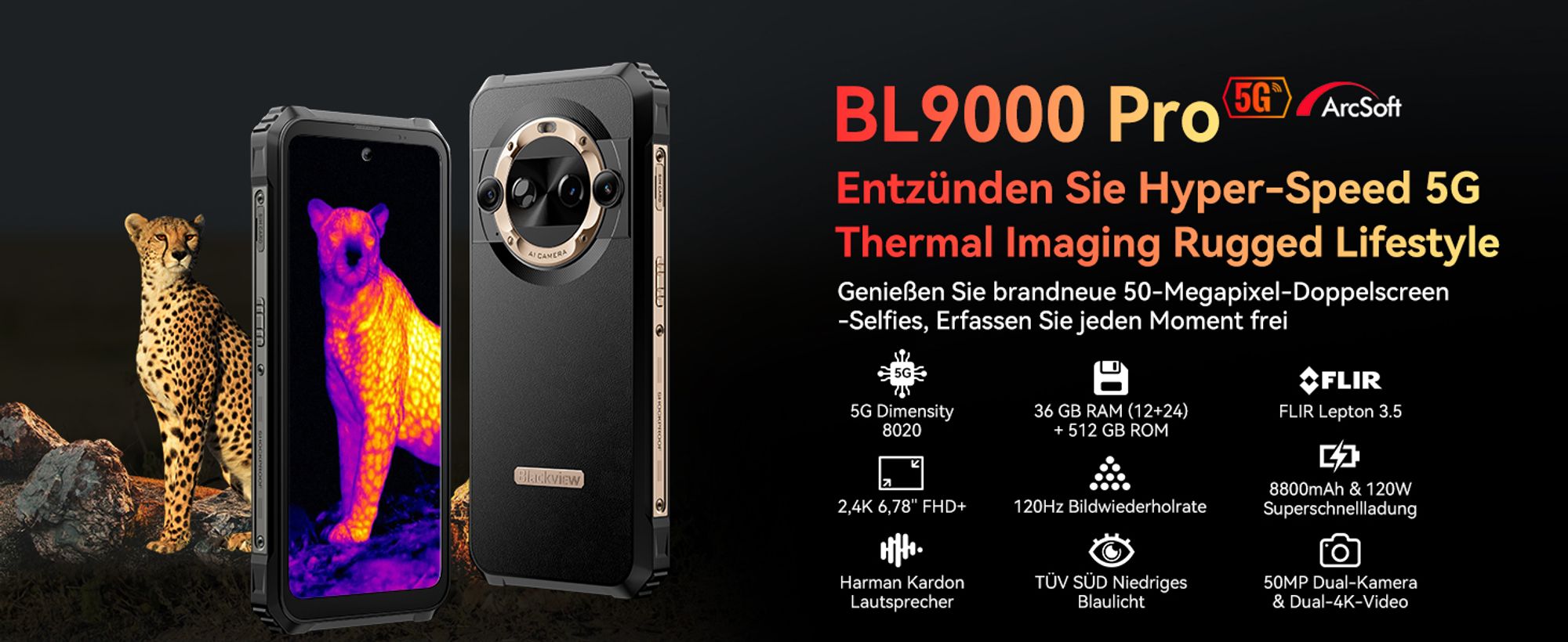 Blackview BL9000Pro 5G AI outdoor Handy, MediaTek Dimensity 8020, 36 GB(12+24 GB) + 512 GB Smartphone,  6,78" FHD+/120 Hz/8800 mAh+120W, NFC, IP69K