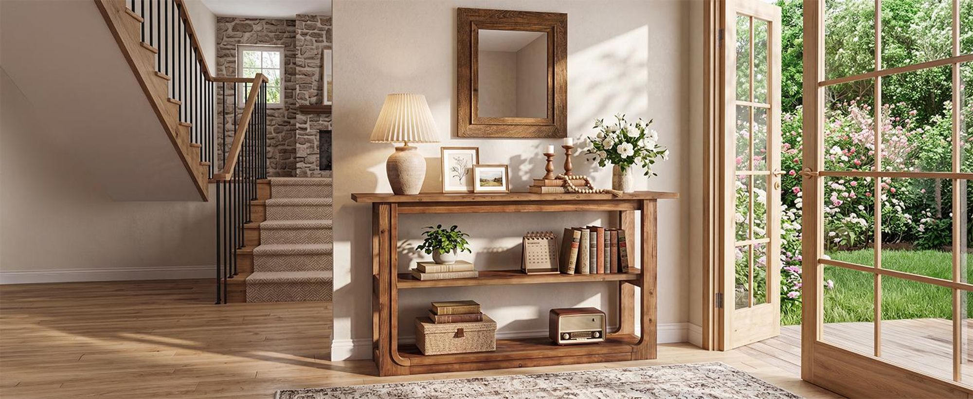 140 cm hoher Konsolentisch aus Massivholz, dreistufiger Beistelltisch im Landhausstil mit offenen Ablagefächern für Wohnzimmer, Flur, Eingangsbereich