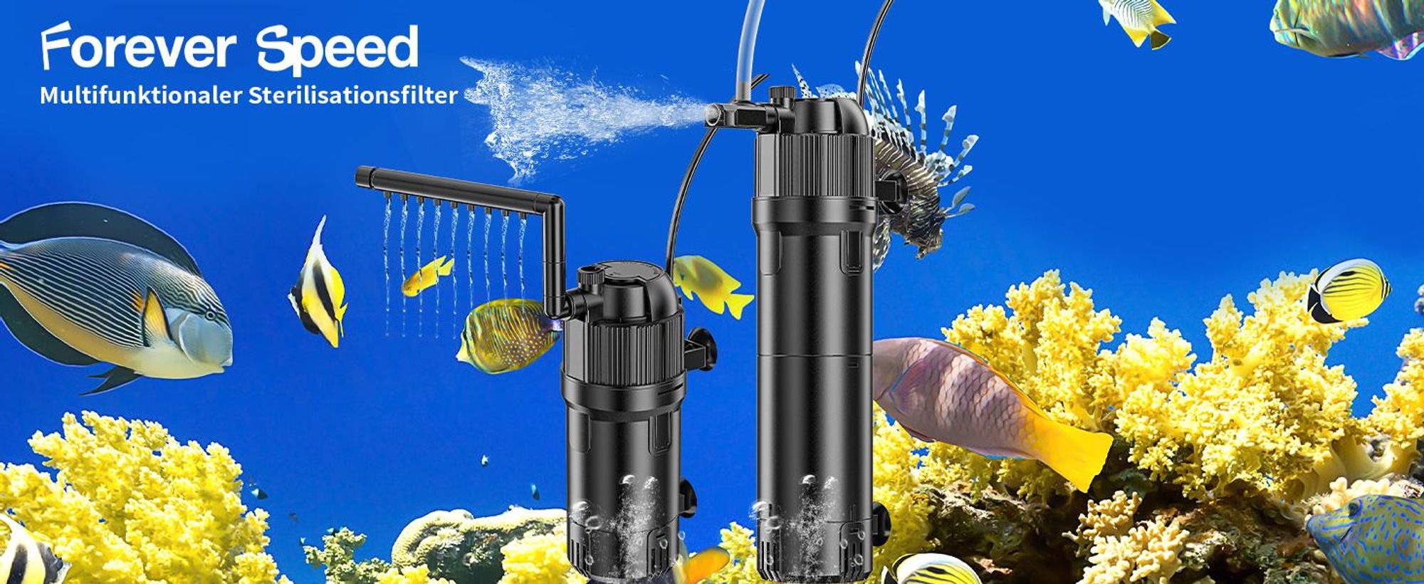 Forever Speed 5-in-1 Aquarium Innenfilter mit UVC Klärer 3 Watt, Aquarium Filter Pumpe inkl Einstellbarer Durchfluss 500L/h für 40-120L Aquarien