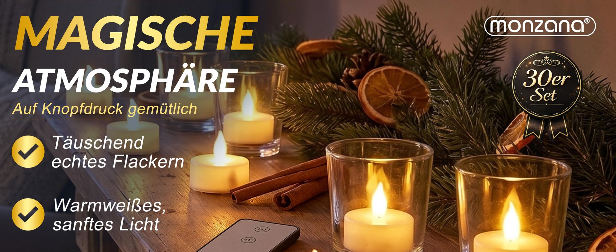 MONZANA LED Teelichter mit Fernbedienung, flackernd, 30er Set