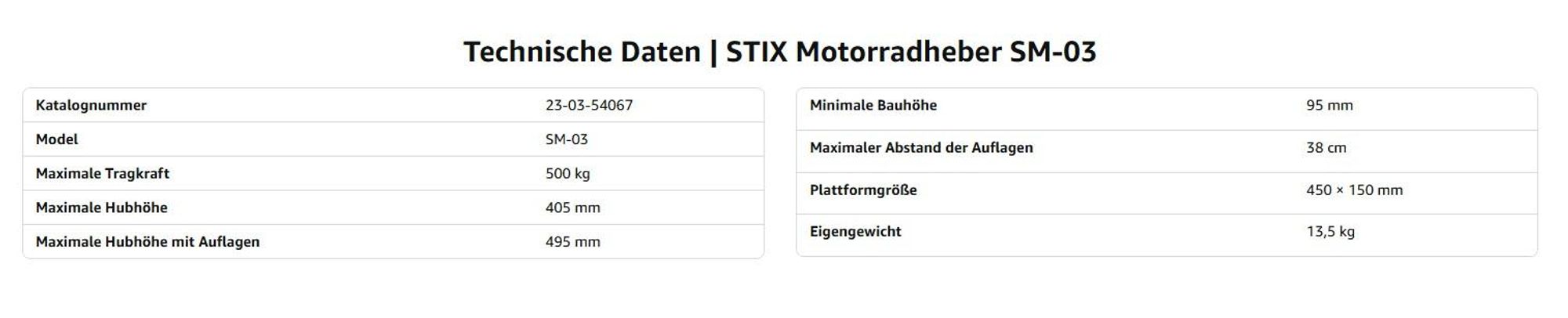 STIX SM-03 Motorradheber 500 kg 95–495 mm ATV Quad Motorrad Hebebühne