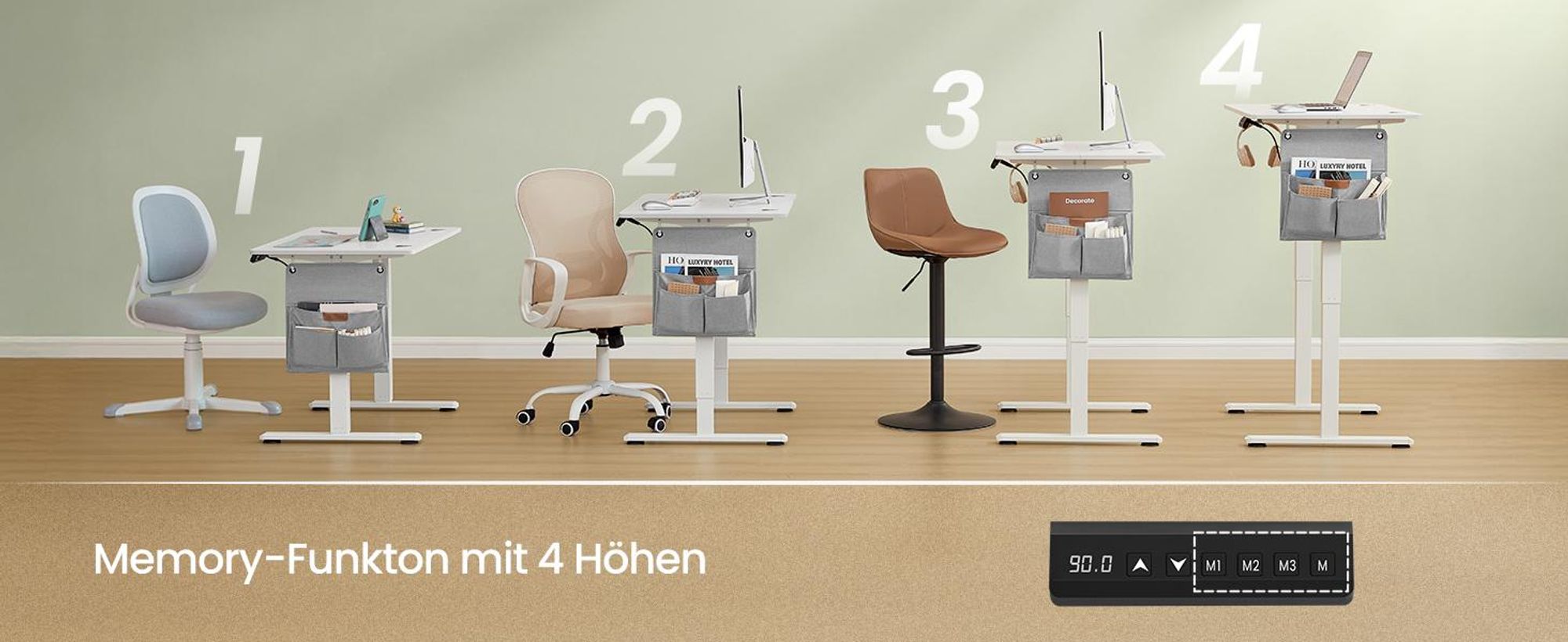 SONGMICS Höhenverstellbarer Schreibtisch elektrisch, 100 cm, Memory-Funktion mit 4 Höhen, USB-C-Anschluss