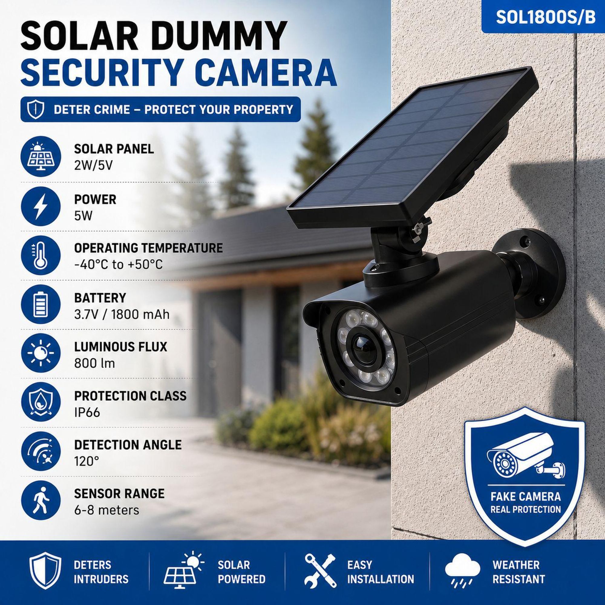 Solarbetriebene Attrappe einer Überwachungskamera blinkende LED Bewegungsmelder LED-Beleuchtung er Aufkleber SOL1800S/B