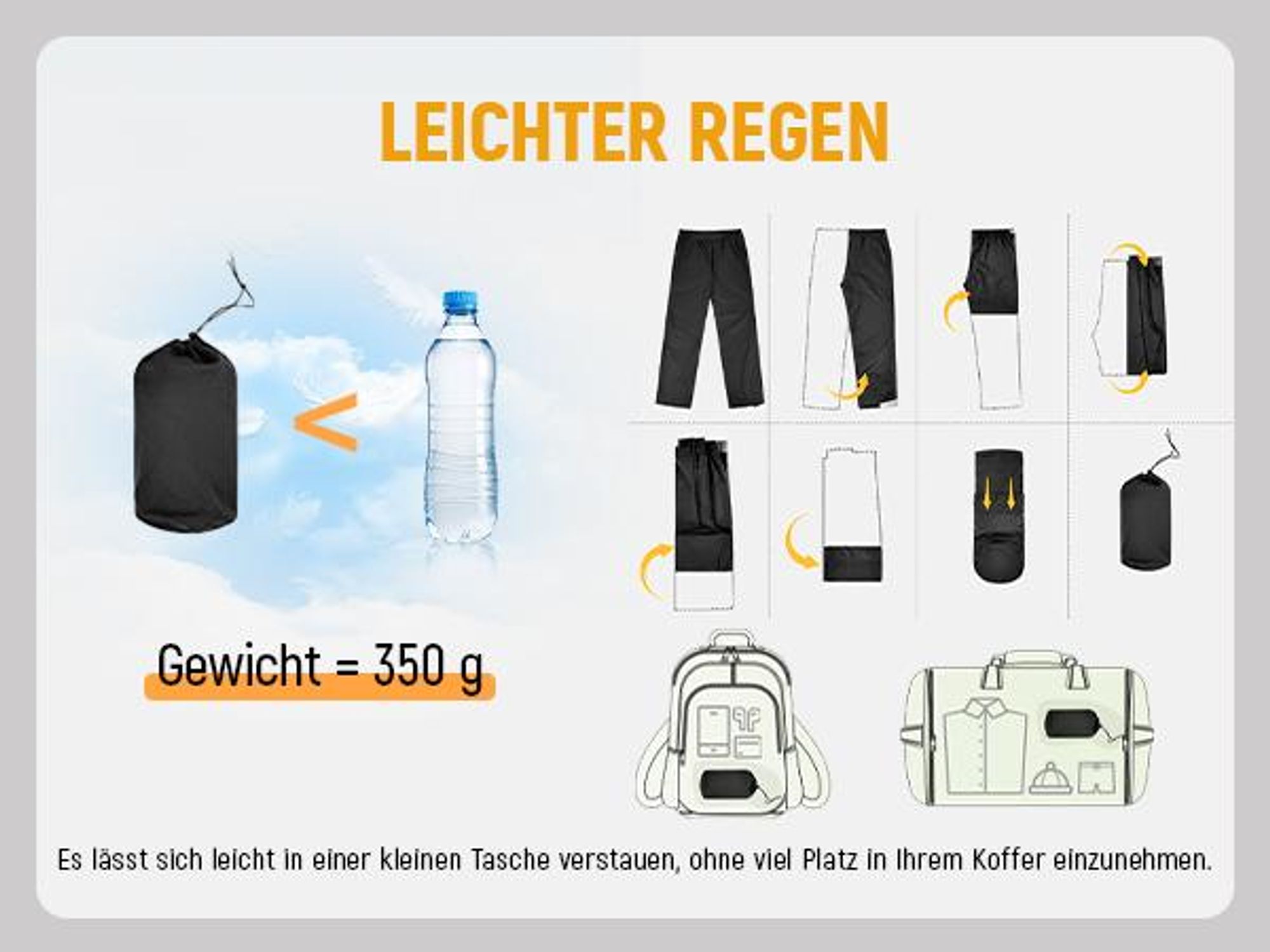 BUBW Herren Outdoor Regenhose Schwarz L, wasserdicht winddicht, leichte packbare Hose mit reflektierenden Streifen zum Wandern Radfahren Angeln