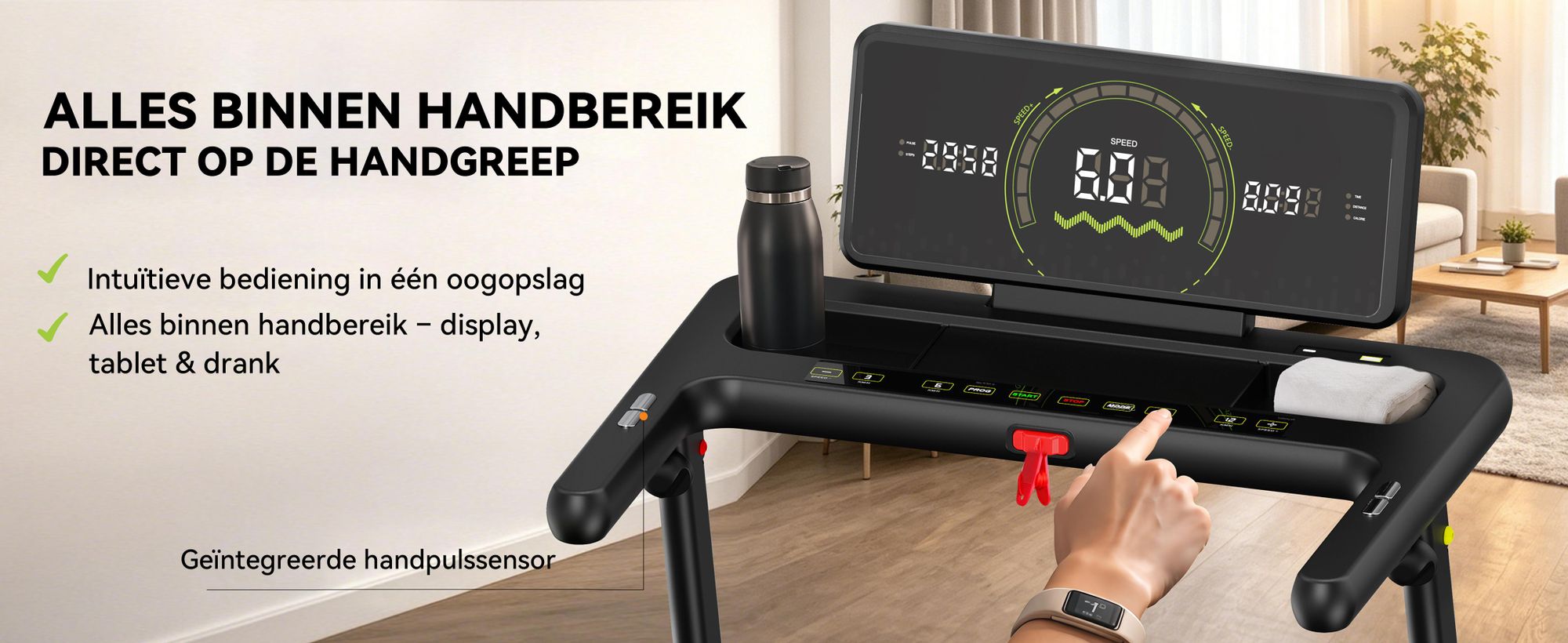 FunLife F8 loopband, inklapbaar met een hellingshoek van 5%, display direct aan de handgrepen, extra breed loopvlak, stil en schokabsorberend, 12 programma's, snelheid 1–12 km/u