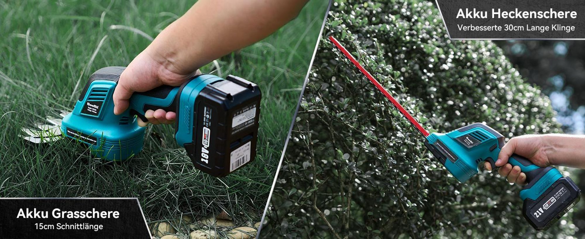 Akku Heckenschere, Elektrische Heckenschere, Heckenschere kabellos, Grasschere mit Akku und Ladegerät