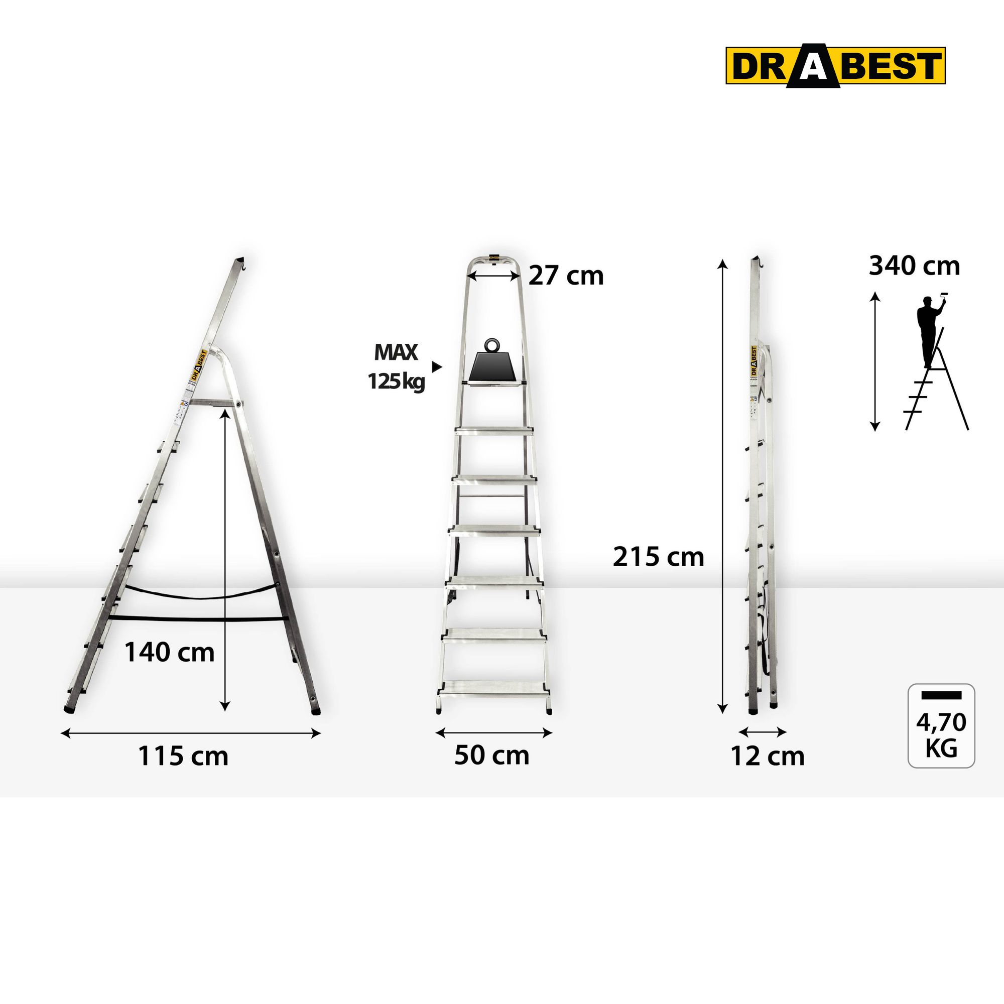 DRABEST, Leitern, Klappleitern, Aluminiumleitern, trittleiter, 7 stufen leiter