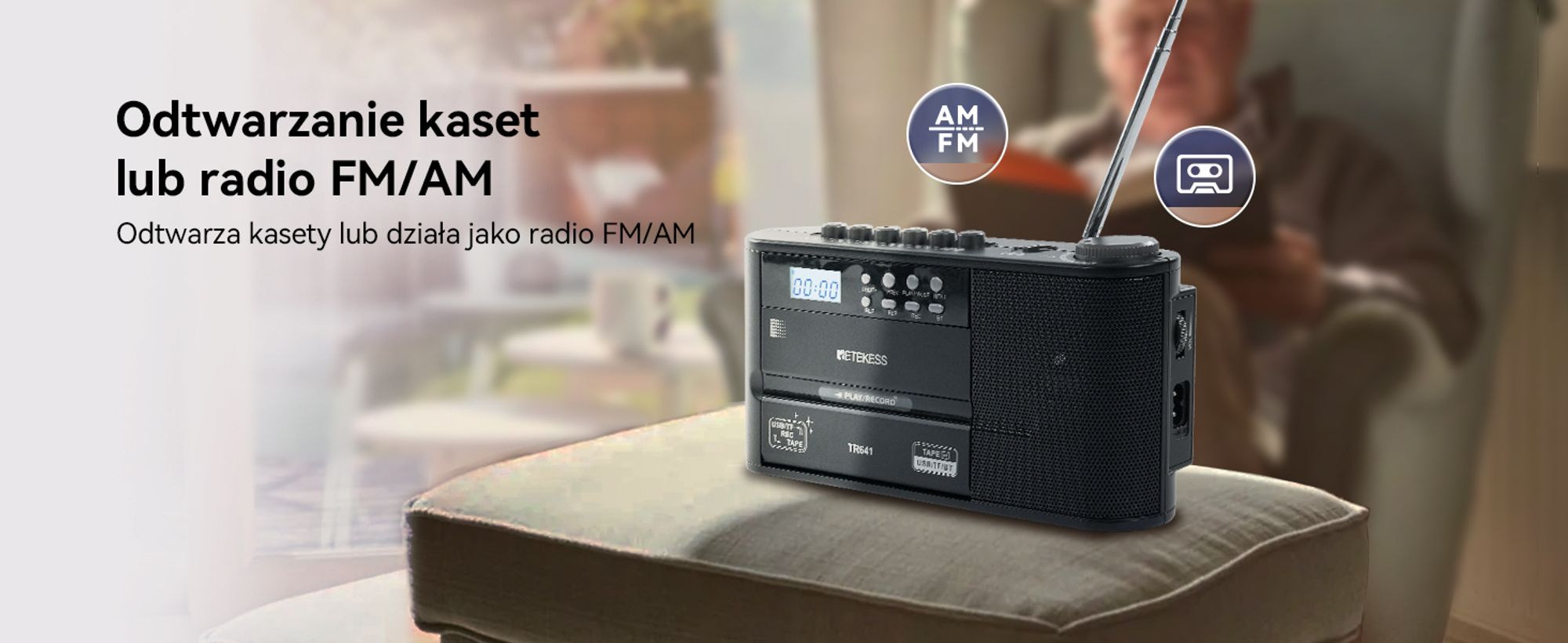 Odtwarzacz kasetowy Retekess TR641, magnetofon, radio FM AM, karta USB/TF, połączenie bezprzewodowe, zasilanie bateryjne lub sieciowe