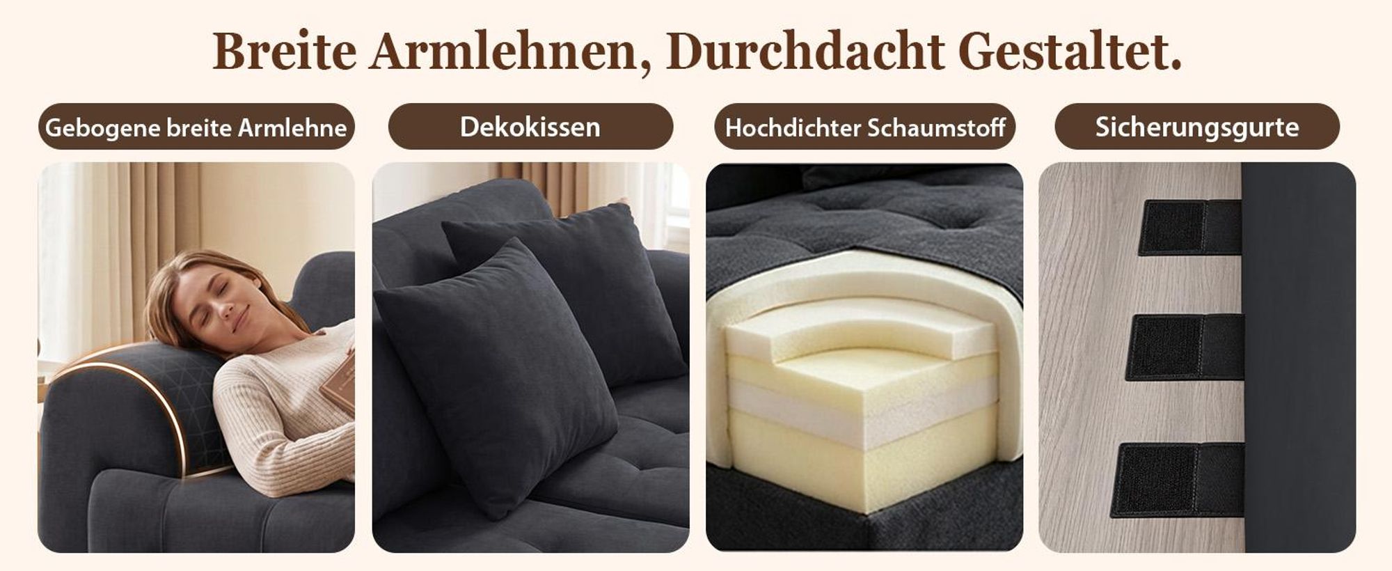 COMHOMA Sofa 2 Sitzer, 180 x 86 x 40 cm Bodensofa, Couch mit Rückenlehne, Kissen und Armlehne, Modernes Stoffsofa für Wohnzimmer, Wohnung, GRAU