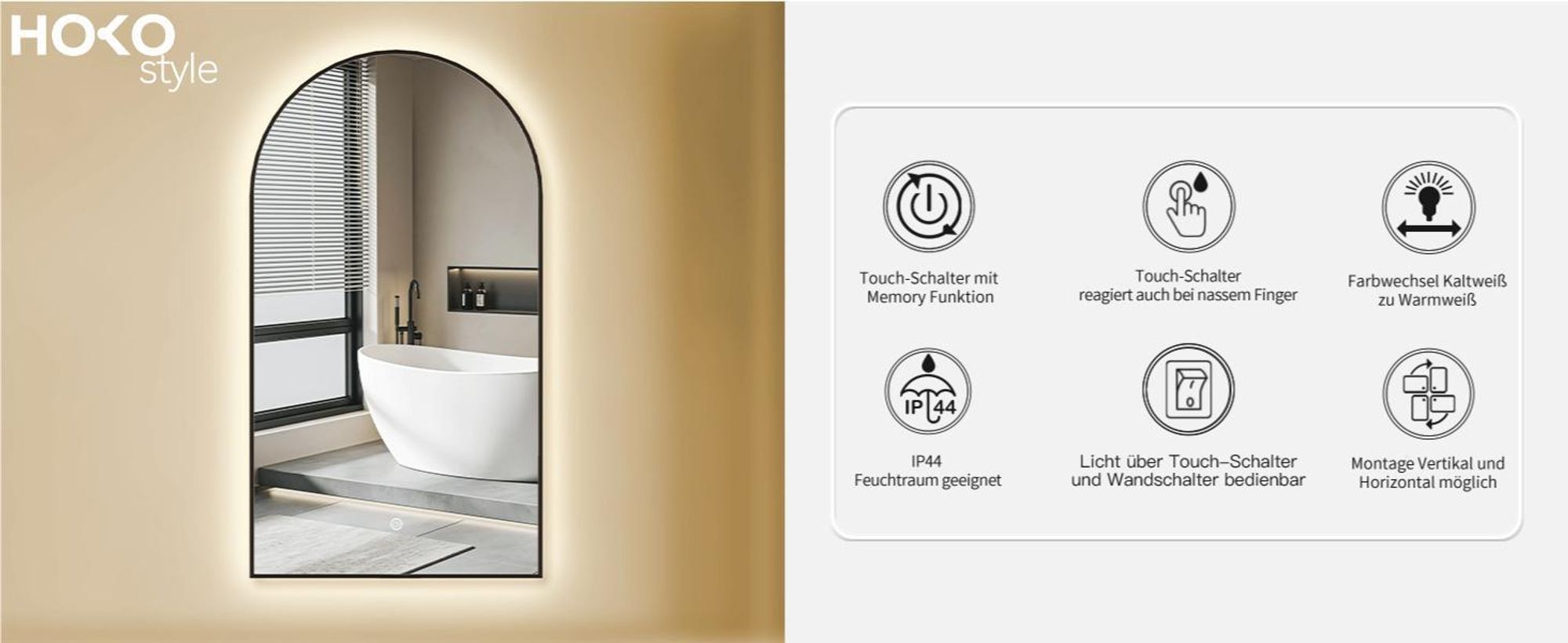 HOKO Badspiegel Bogen LED 60x100cm mit Metallrahmen, HOCH+QUER Montage, Arch Lichtspiegel+Touch Schalter+Licht Wechsel 2700-6500K, Warmweiß-Kaltweiß