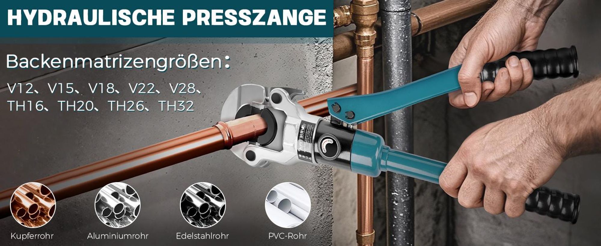 Profi Presszange V-Kontur und TH-Kontur mit Rohrabschneider Handpresszange mit V12 V15 V18 V22 V28 & TH16 TH20 TH26 TH32 für Kupferrohr Verbundrohr