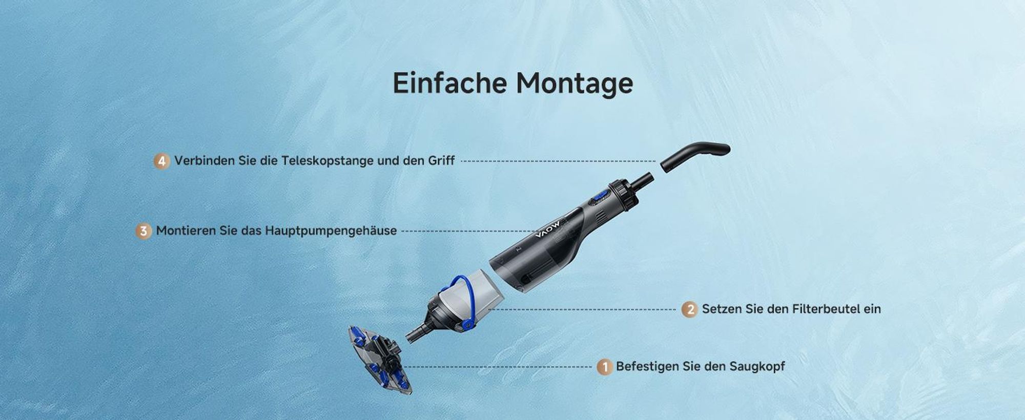 MOVA Handler V10 Kabelloser Poolsauger, 4.200 L/h Saugleistung, 60 Min Laufzeit, Transparenter Saugkopf, 1,8 m Teleskopgriff