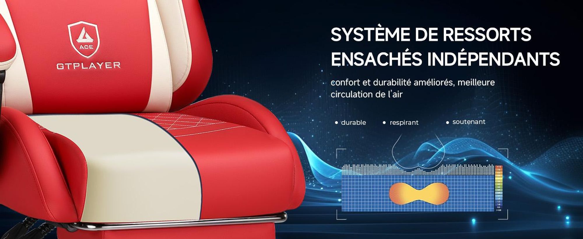 Chaise de jeu GTPLAYER, chaise de jeu ergonomique en cuirPolyuréthaneavec soutien lombaire, chaise PC avec dossier élargi, supporte jusqu'à 150 kg, Ro